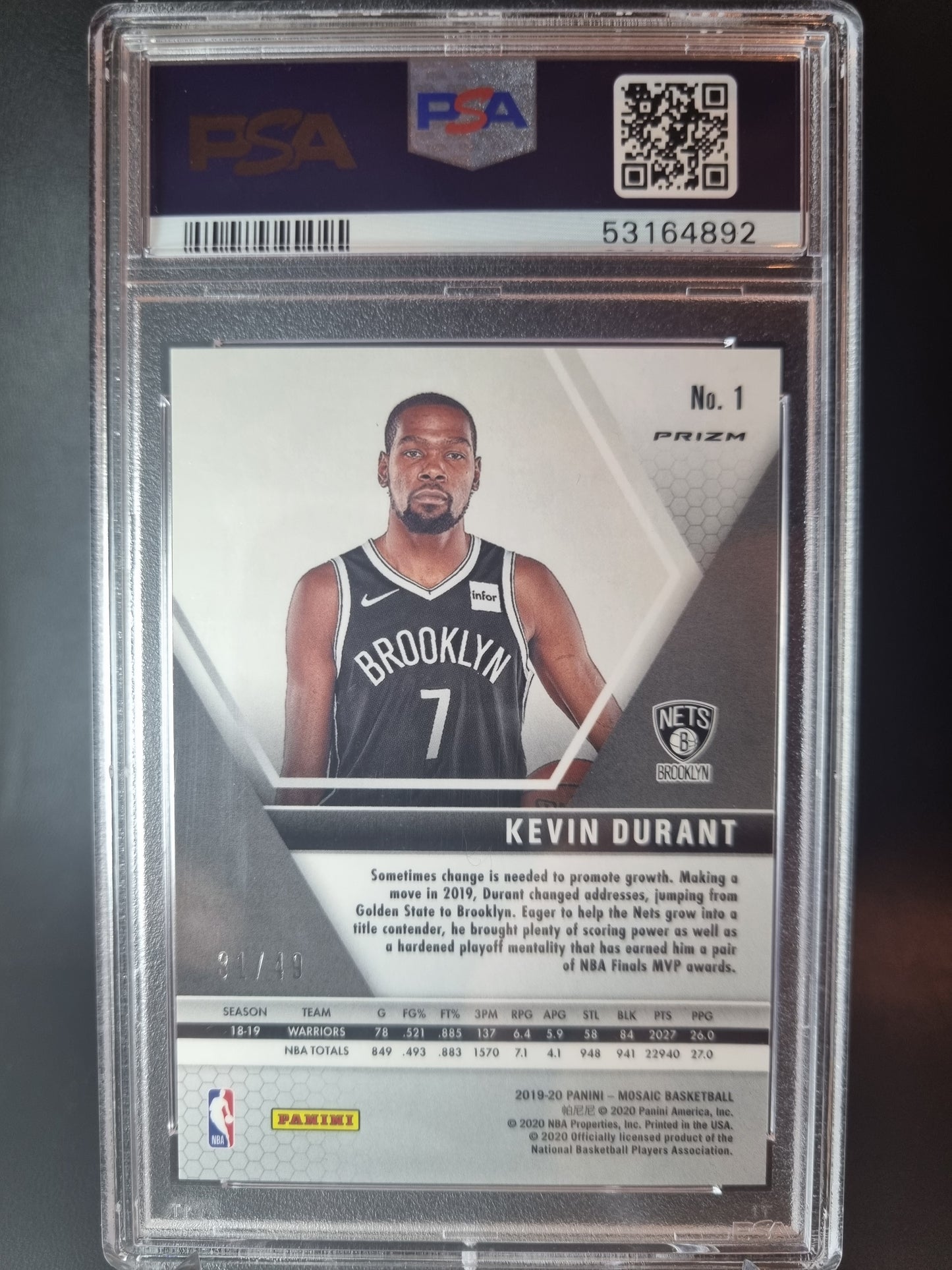 2019 Panini Mosaic #1 Kevin Durant Purple 31/49 PSA 9 Mint