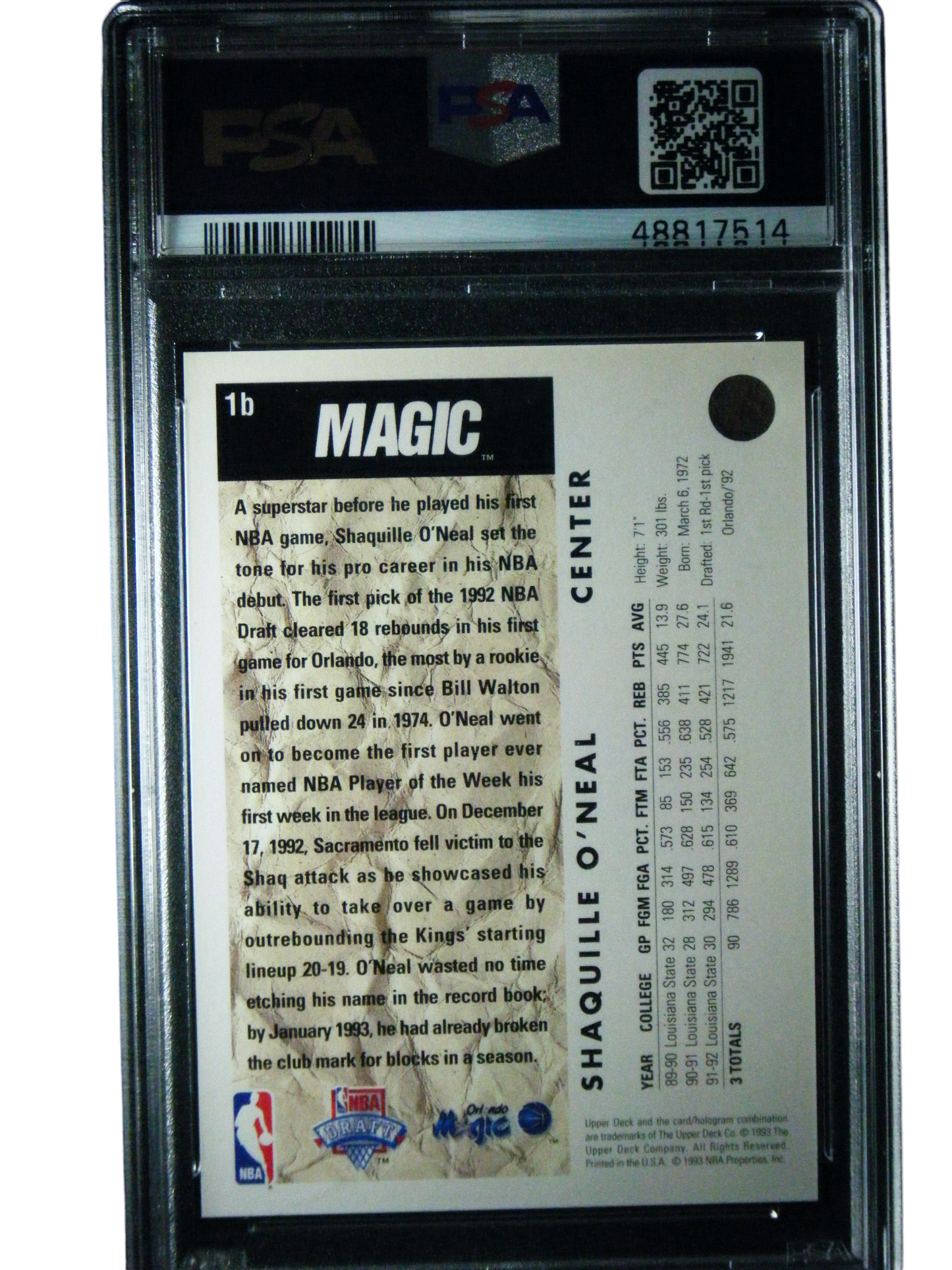 Shaquille O'Neil Rookie Card 1992 Upper Deck Trade Card #1b PSA 9 Mint