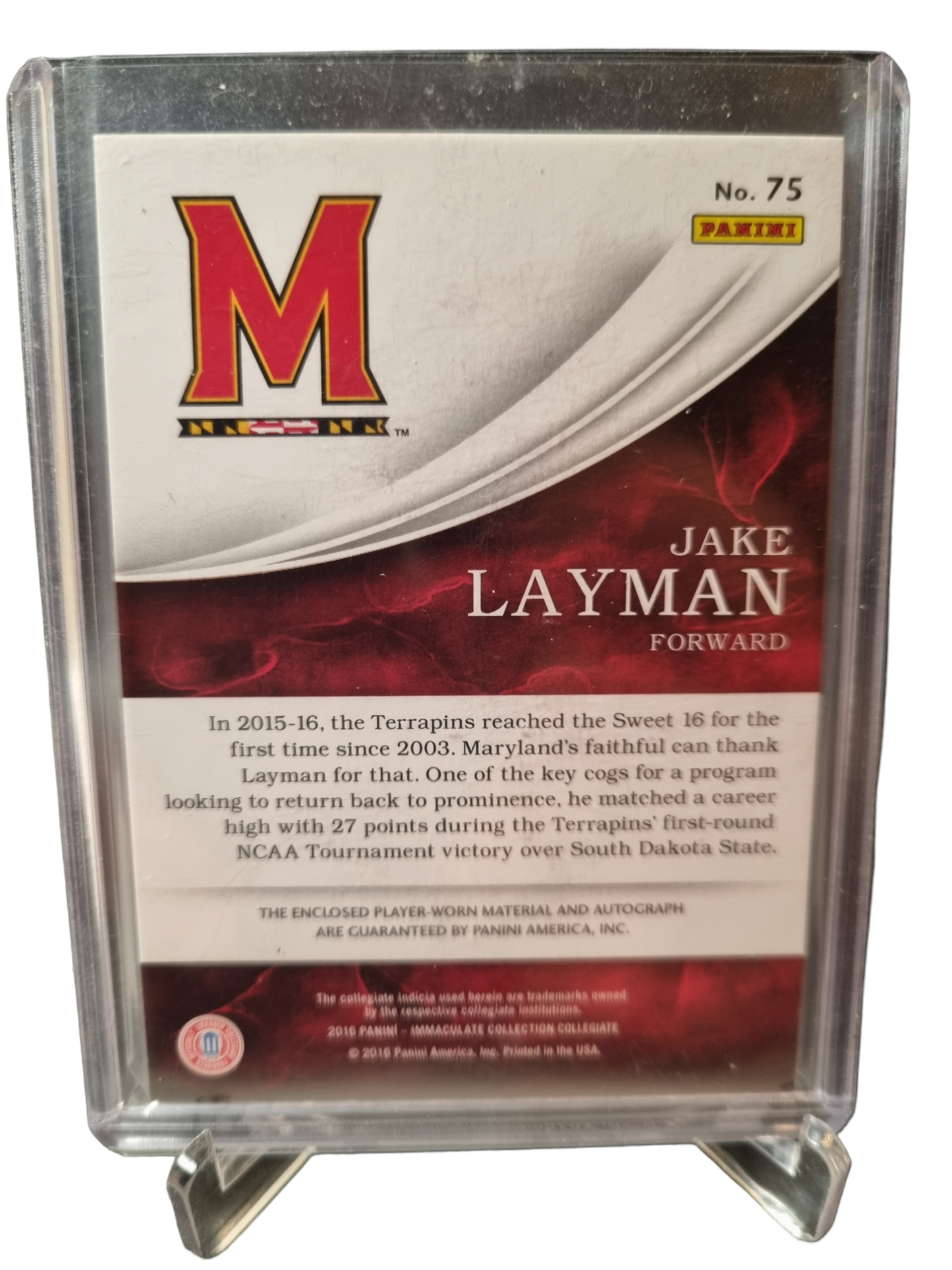 2016 Immaculate Collection Collegiate #75 Jake Layman Rookie Card Game Worn Patch On Card Autograph 66/99
