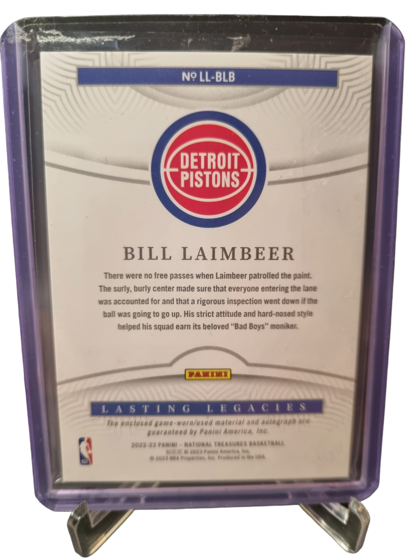 2022-23 Panini National Treasures #LL-BLB Bill Laimbeer Lasting Legacies Game Worn Patch Autograph 88/99
