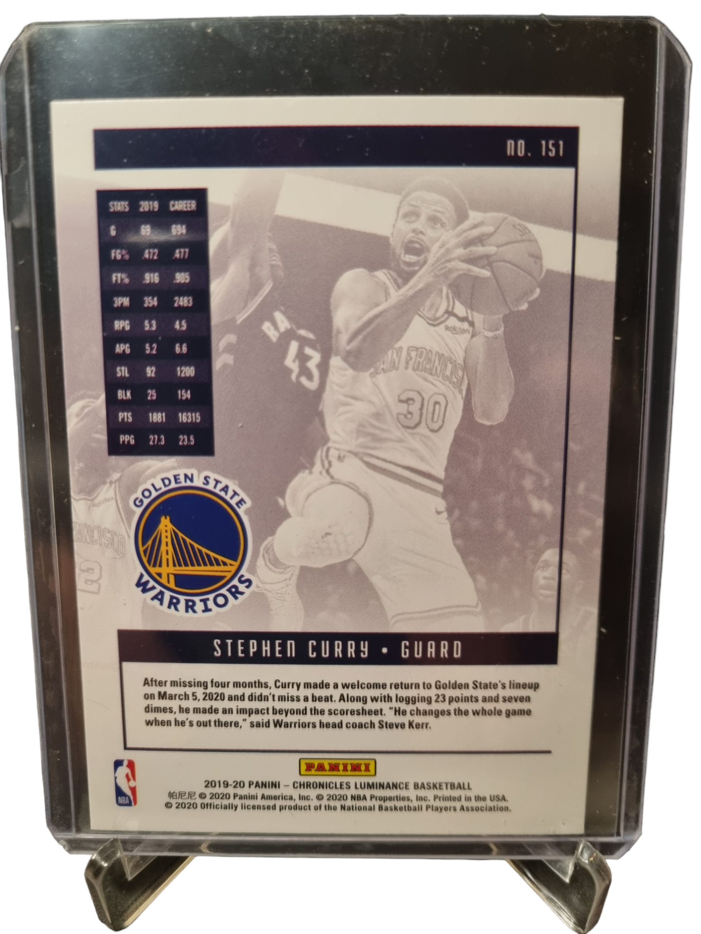 2019-20 Panini Chronicle Luminance #151 Stephen Curry Luminance