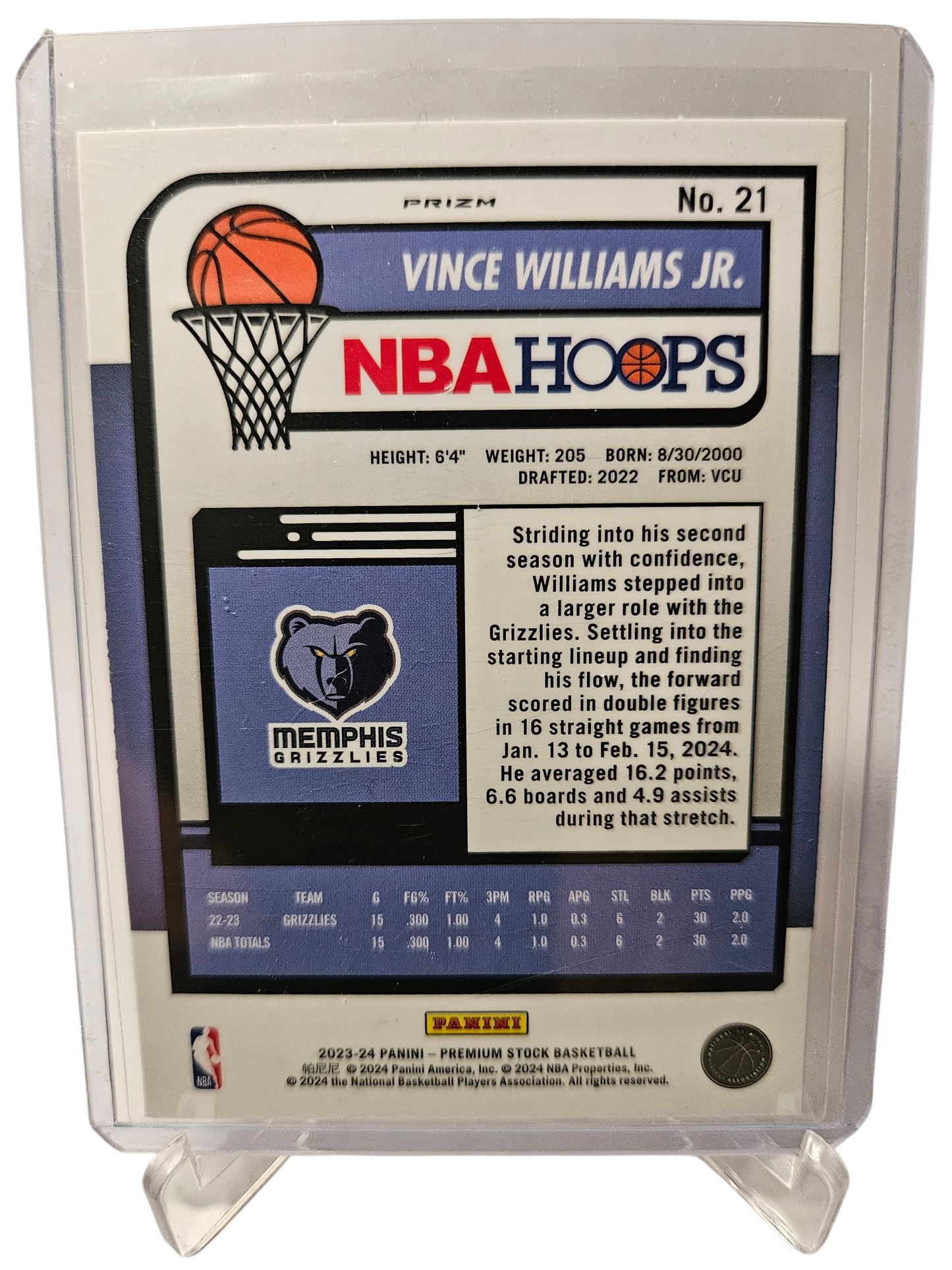2023-24 Panini Hoops Premium Stock #21 Vince Williams JR Siver Holo Prizm