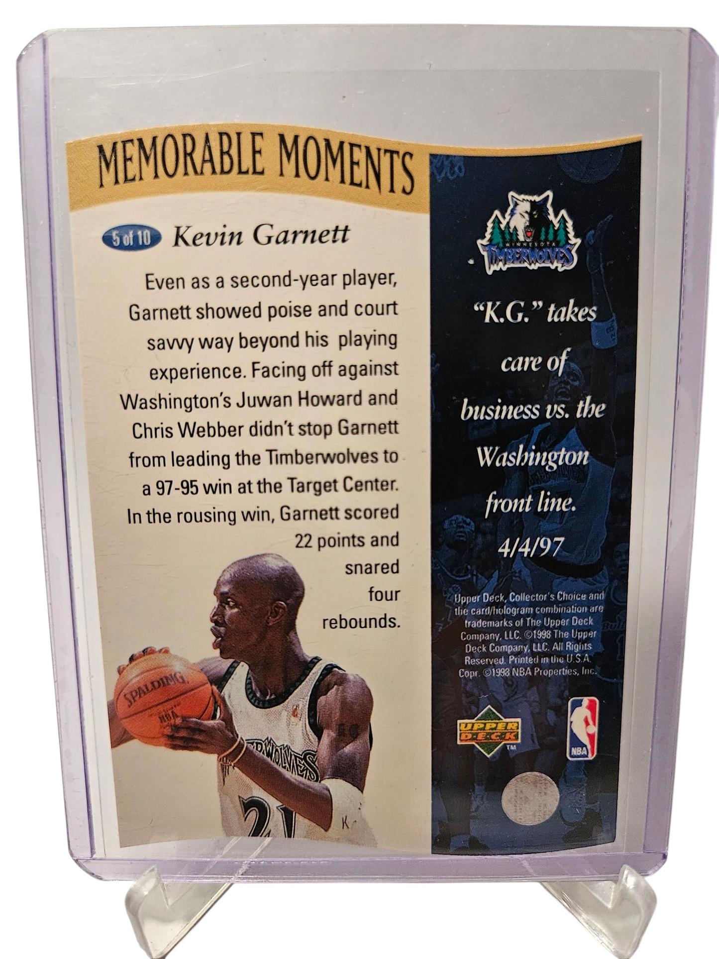 1998 Upper Deck #5 of 10 Kevin Garnett Memorable Moments Die Cut