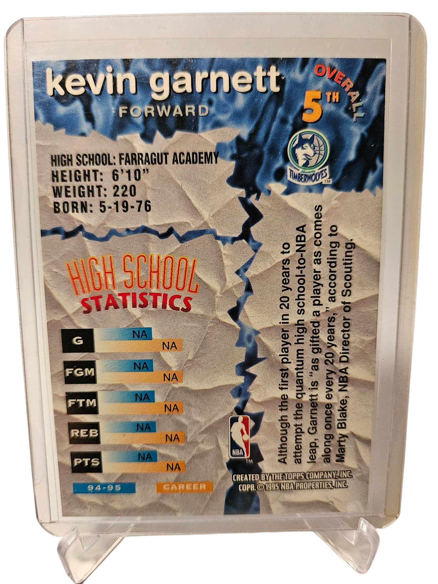 1995-96 Topps Stadium Club #5TH Kevin Garnett Rookie Card NBA Draft Pick