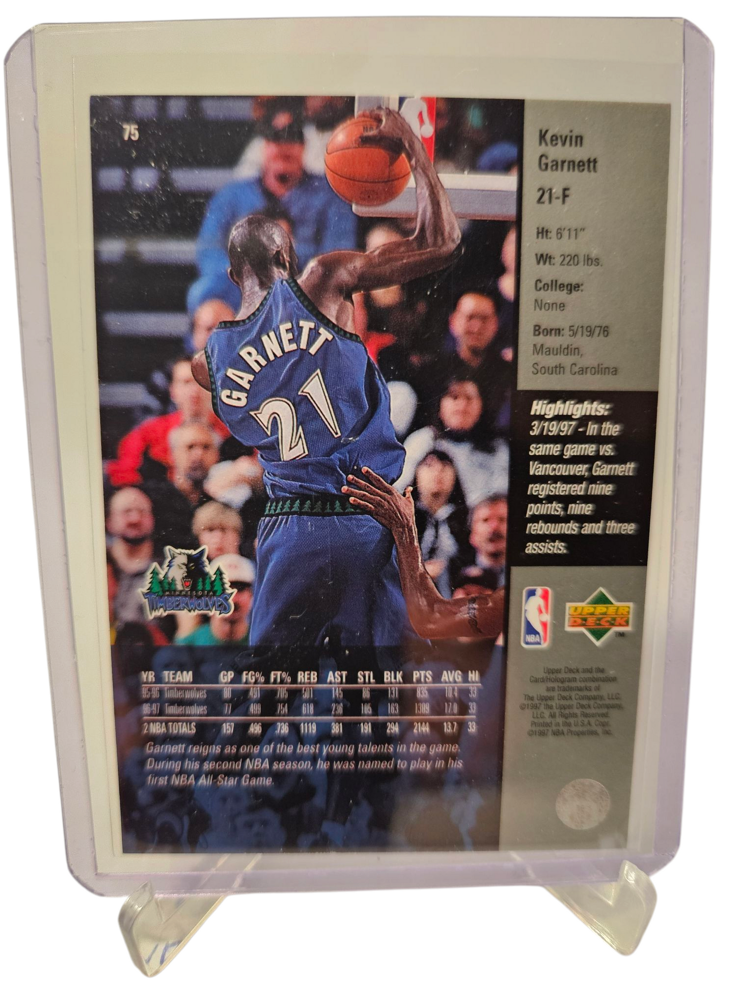 1997 Upper Deck #75 Kevin Garnett Game Dated