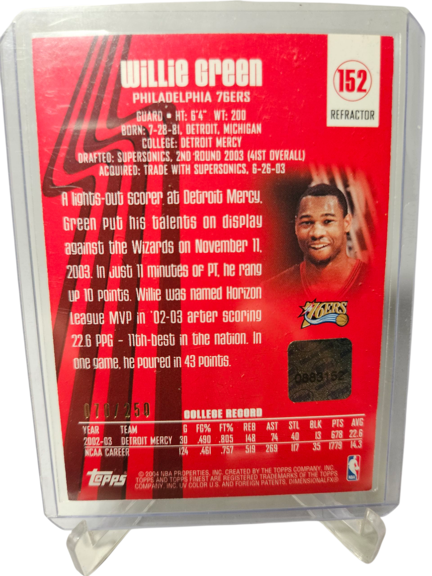 2004 Topps Finest #152 Willie Green Rookie Card Autograph Refractor 070/250