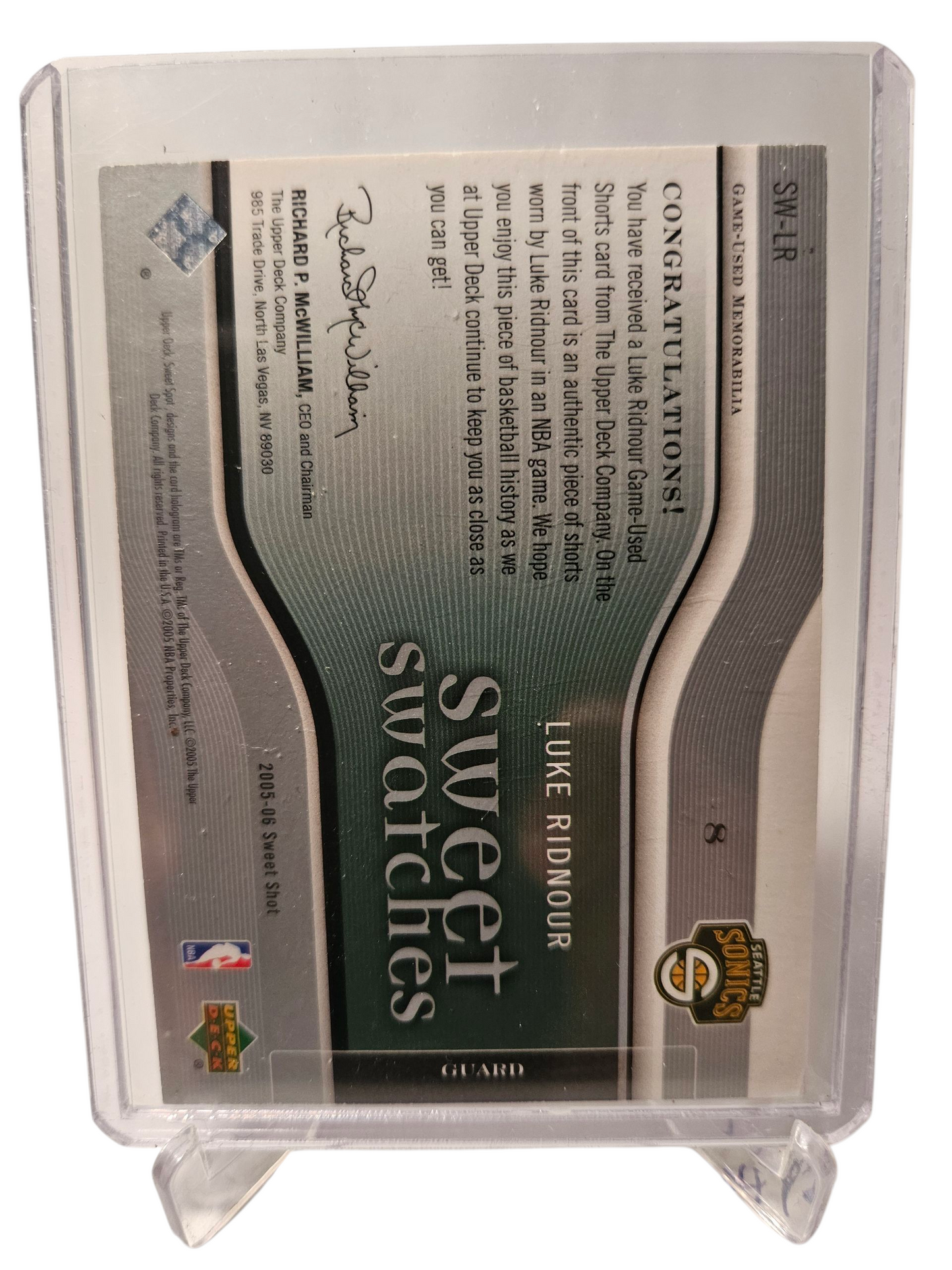 2005-06 Upper Deck #SW-LR Luke Ridnour Sweet Swatches Game Worn Patch 056/250