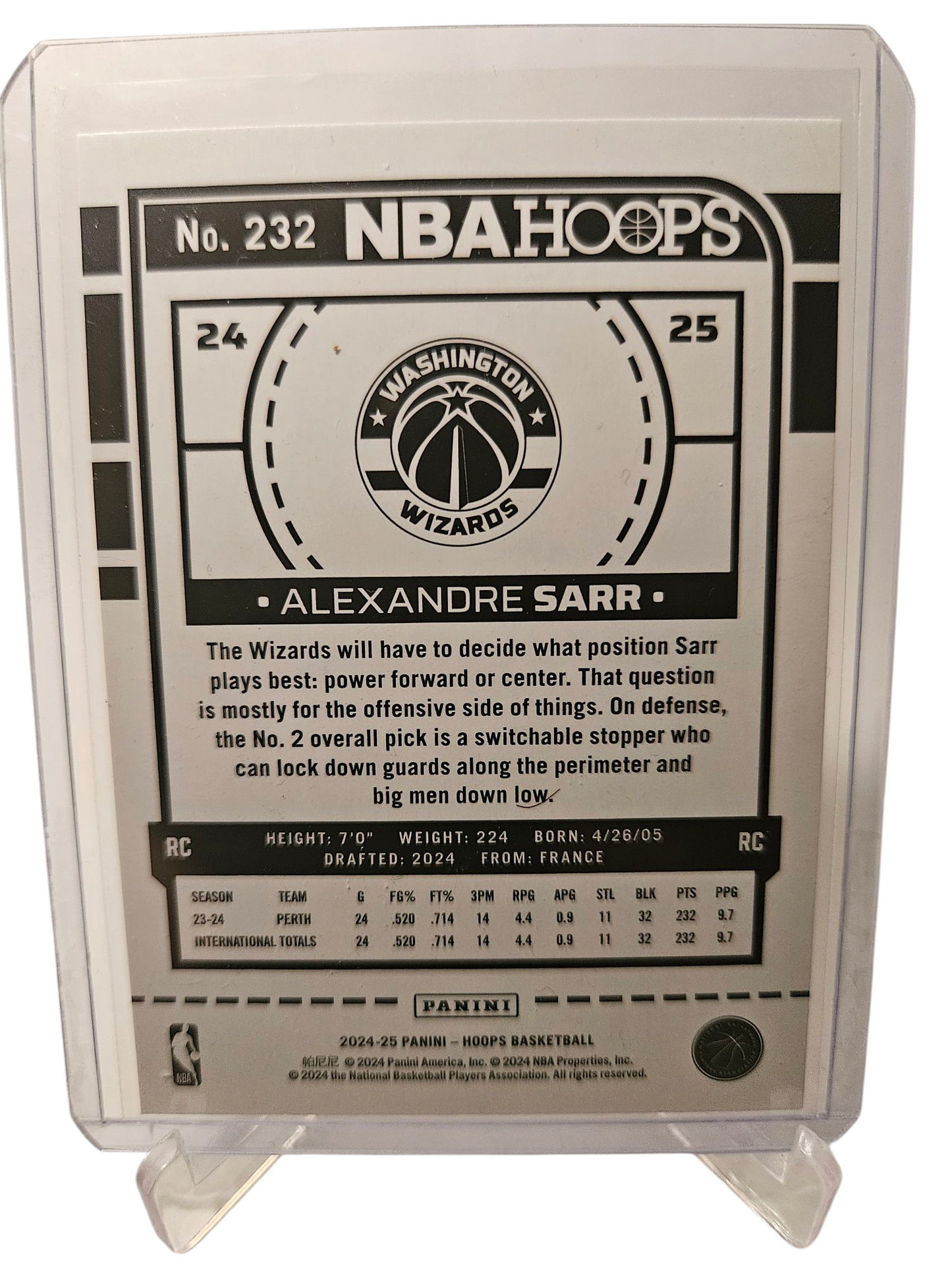 2024-25 Panini Hoops #232 Alexandre Sarr Rookie Card