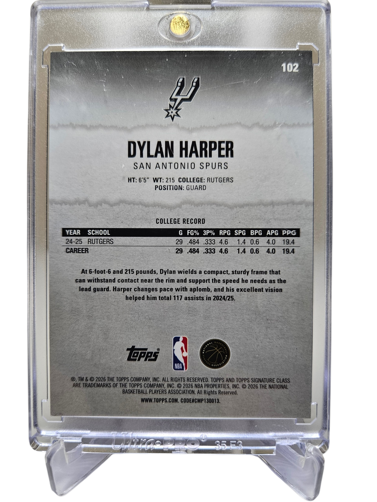 2025-26 Topps Signature Class #102 Dylan Harper Rookie Card Purple Chrome 029/100
