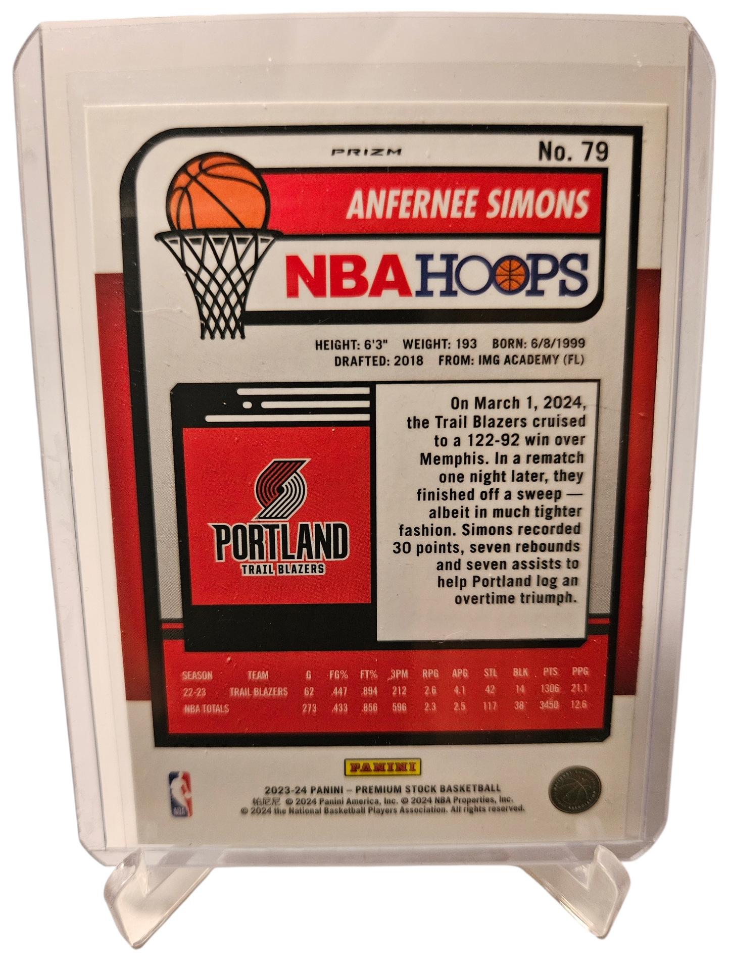 2023-24 Panini Hoops Premium Stock #79 Anfernee Simons Silver Cracked Ice Prizm