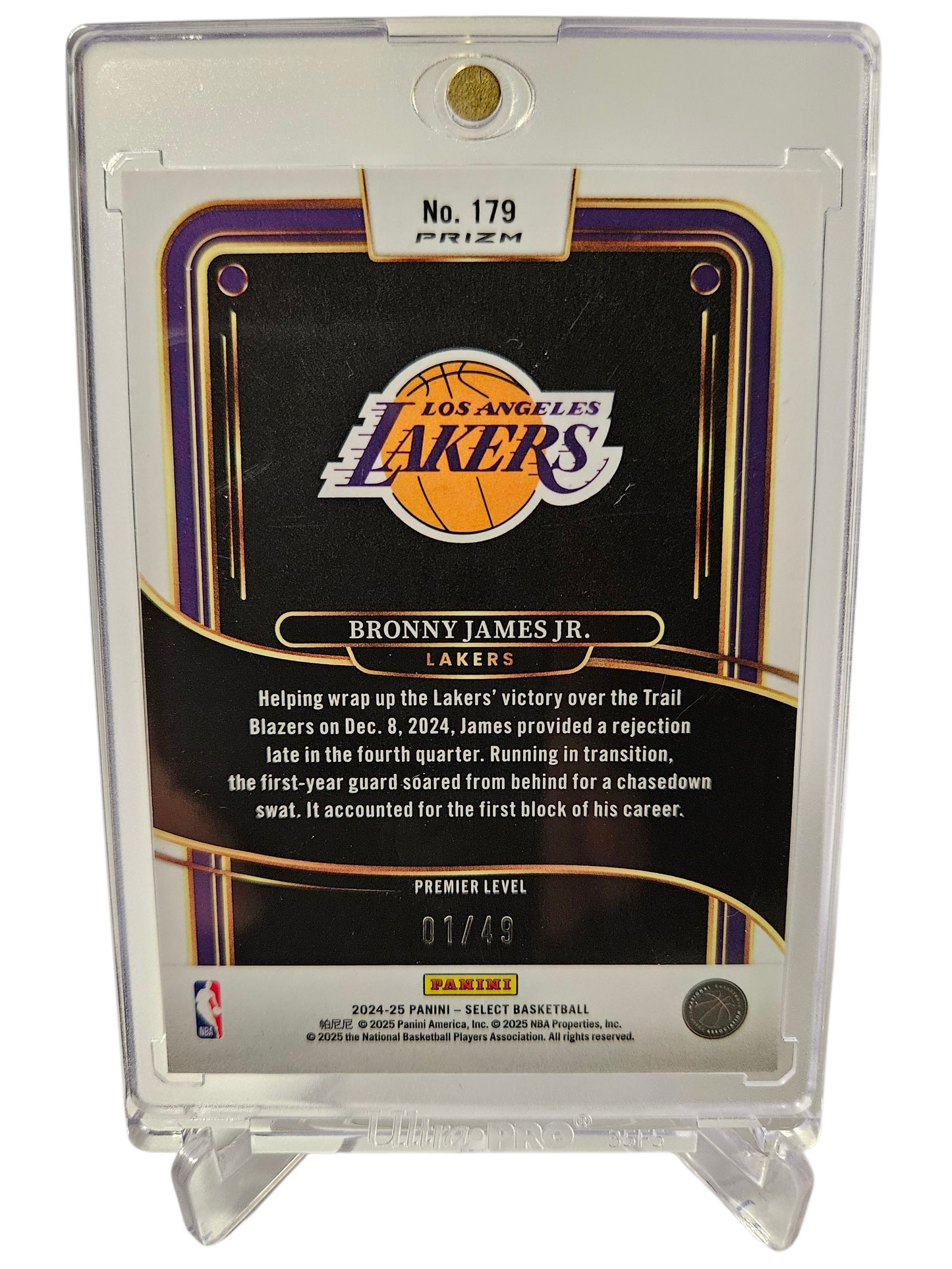 2024-25 Panini Select #179 Bronny James JR Rookie Card Pemier Level Bronze Checkerboard Prizm 01/49