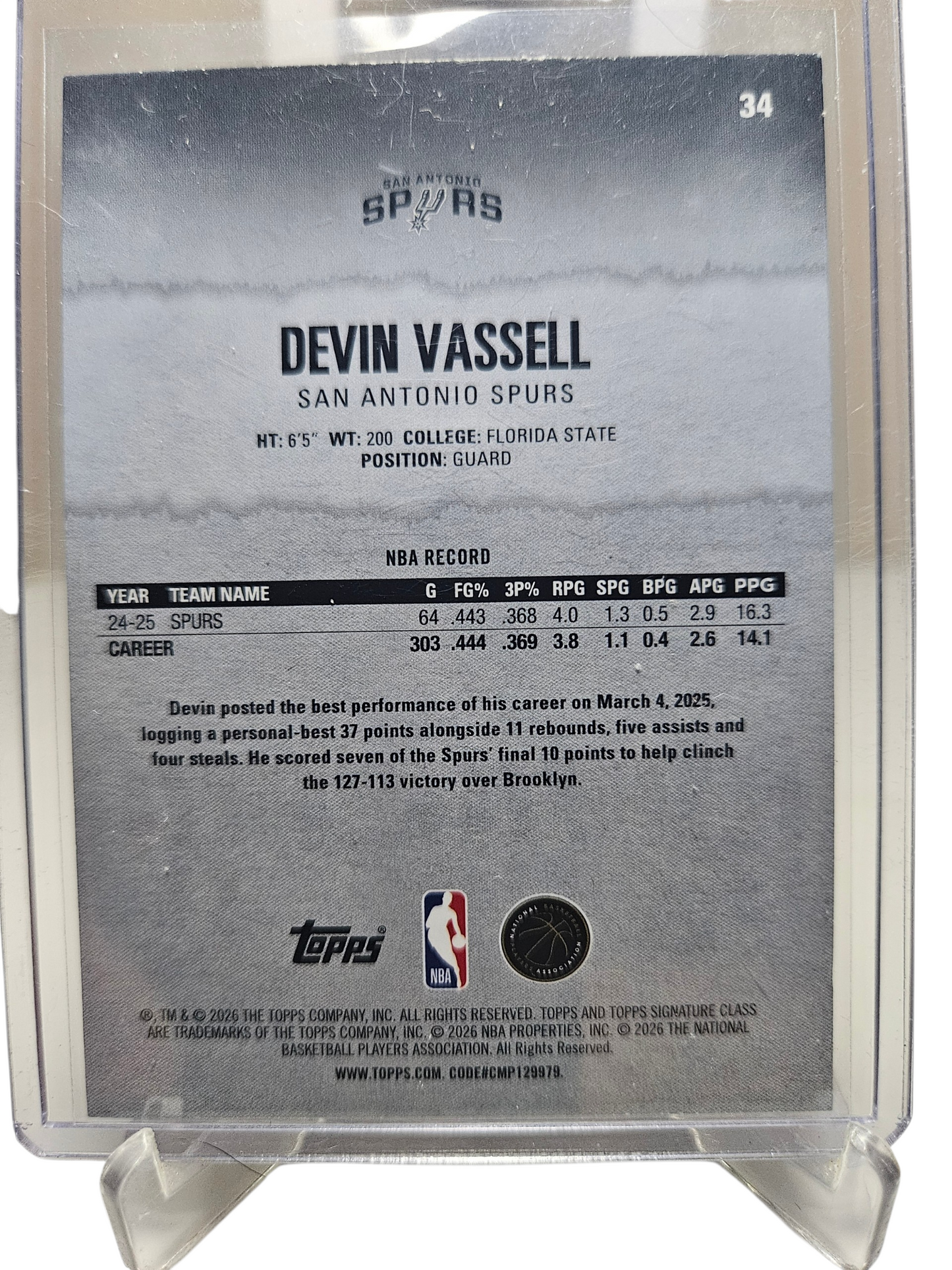 2025-26 Topps Signature Class #34 Devin Vassell