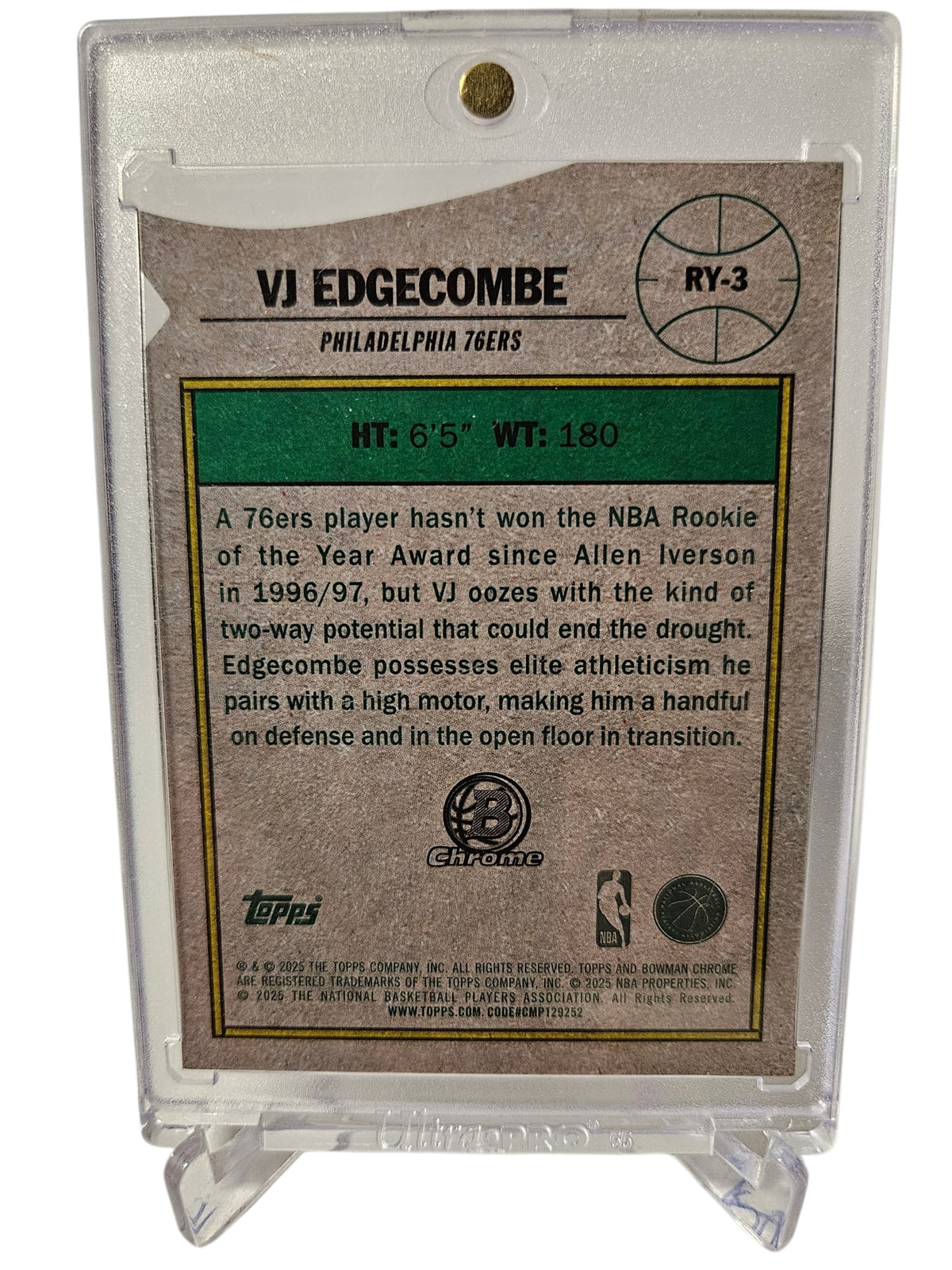 2025 Topps Bowman Chrome #RY-3 VJ Edgecombe Rookie Of The Year Favourites Die Cut Purple Refractor 134/199