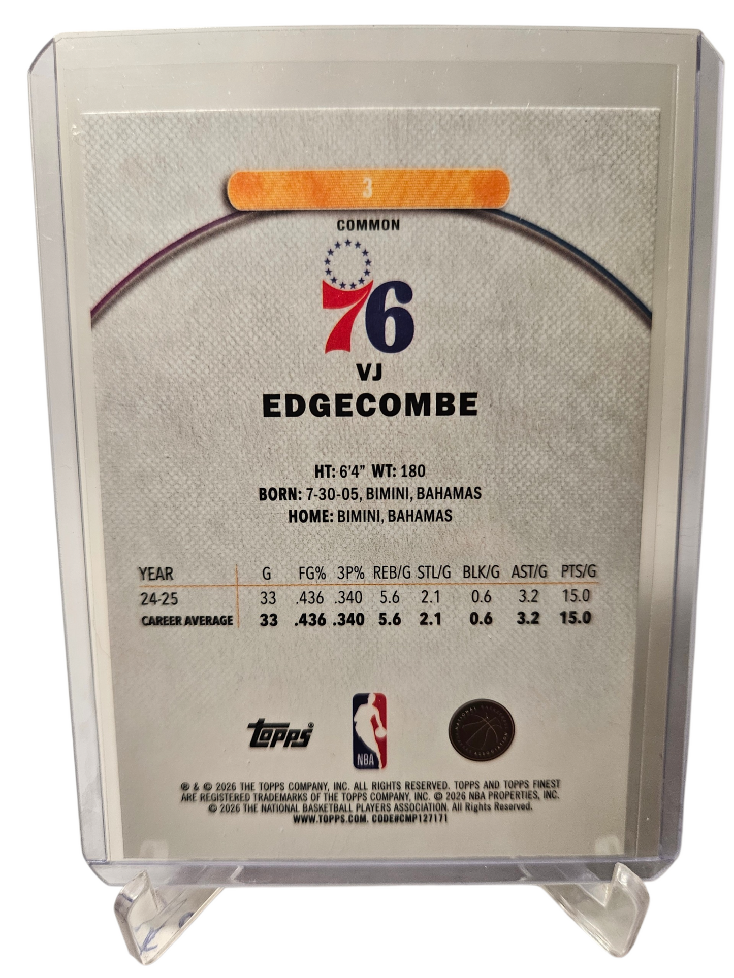 2025 Topps Finest #3 VJ Edgecombe Common Rookie Card Oil Spill
