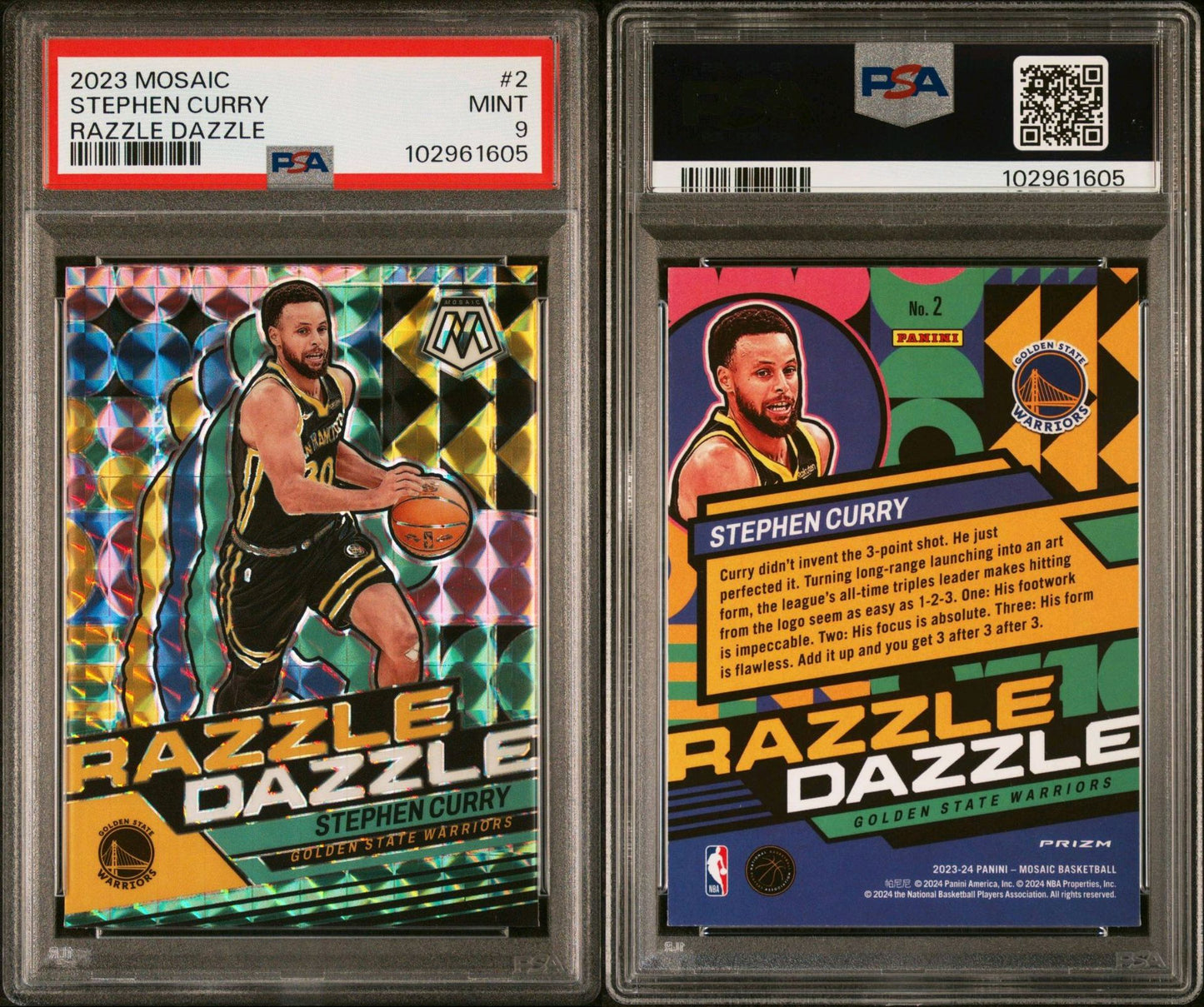 2023-24 Panini Mosaic #2 Stephen Curry Razzle Dazzle Mosaic Prizm SP PSA9 Mint