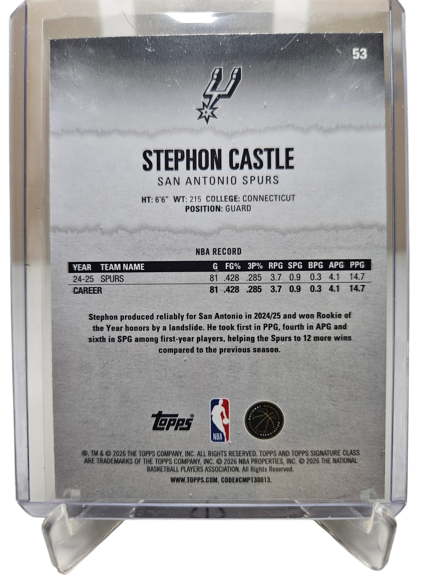 2025-26 Topps Signature Class #53 Stephon Castle Chrome