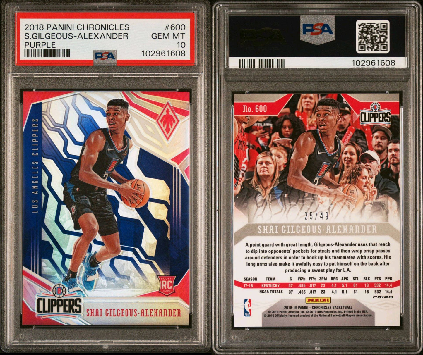 2018-19 Panini Chronicles #600 Shai Gilgeous-Alexander Rookie Card Purple Prizm 25/49 PSA10 Gem MInt