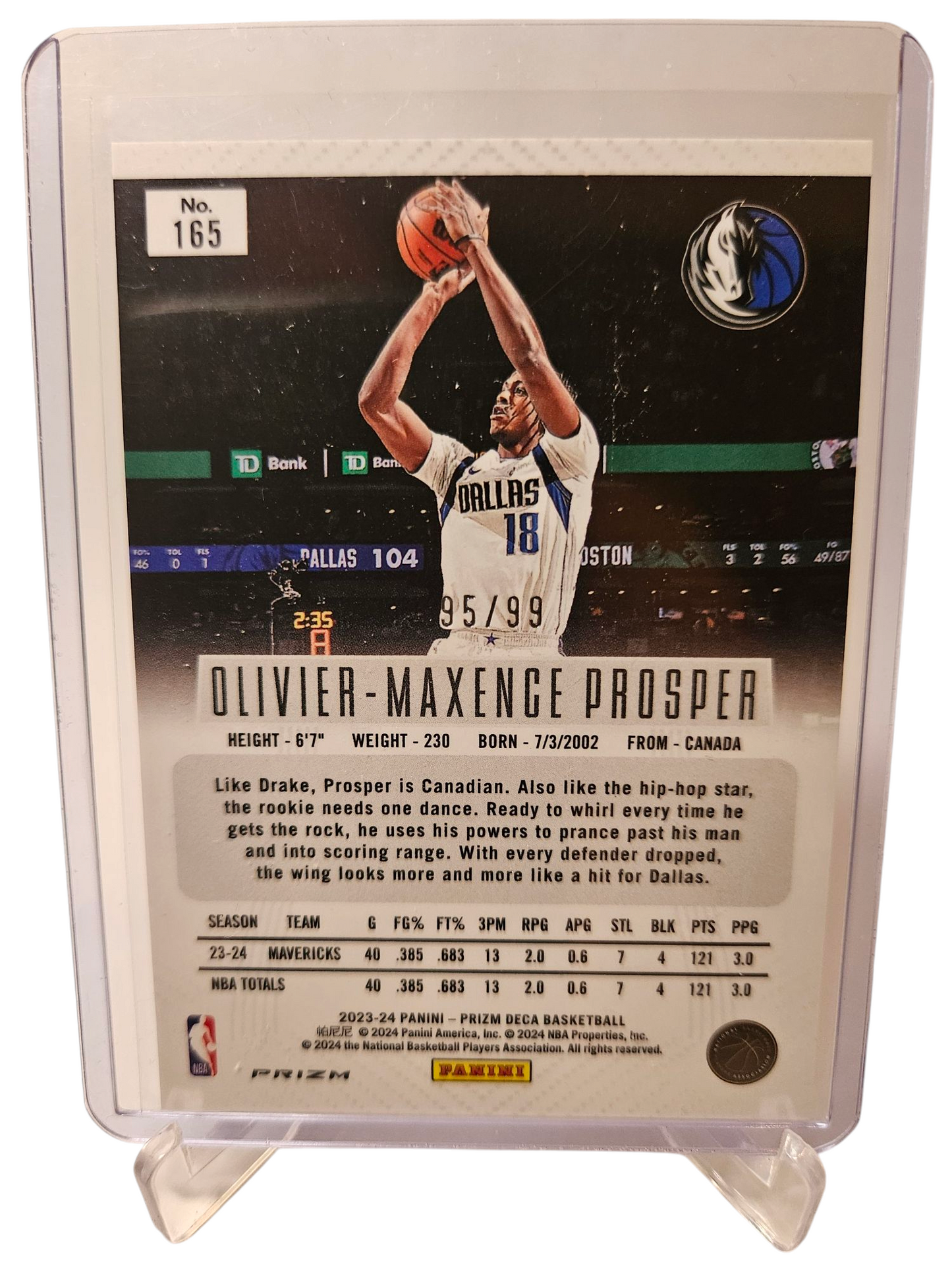 2023-24 Panini Prizm Deca #165 Oliver-Maxence Prosper Rookie Card Purple Prizm 95/99