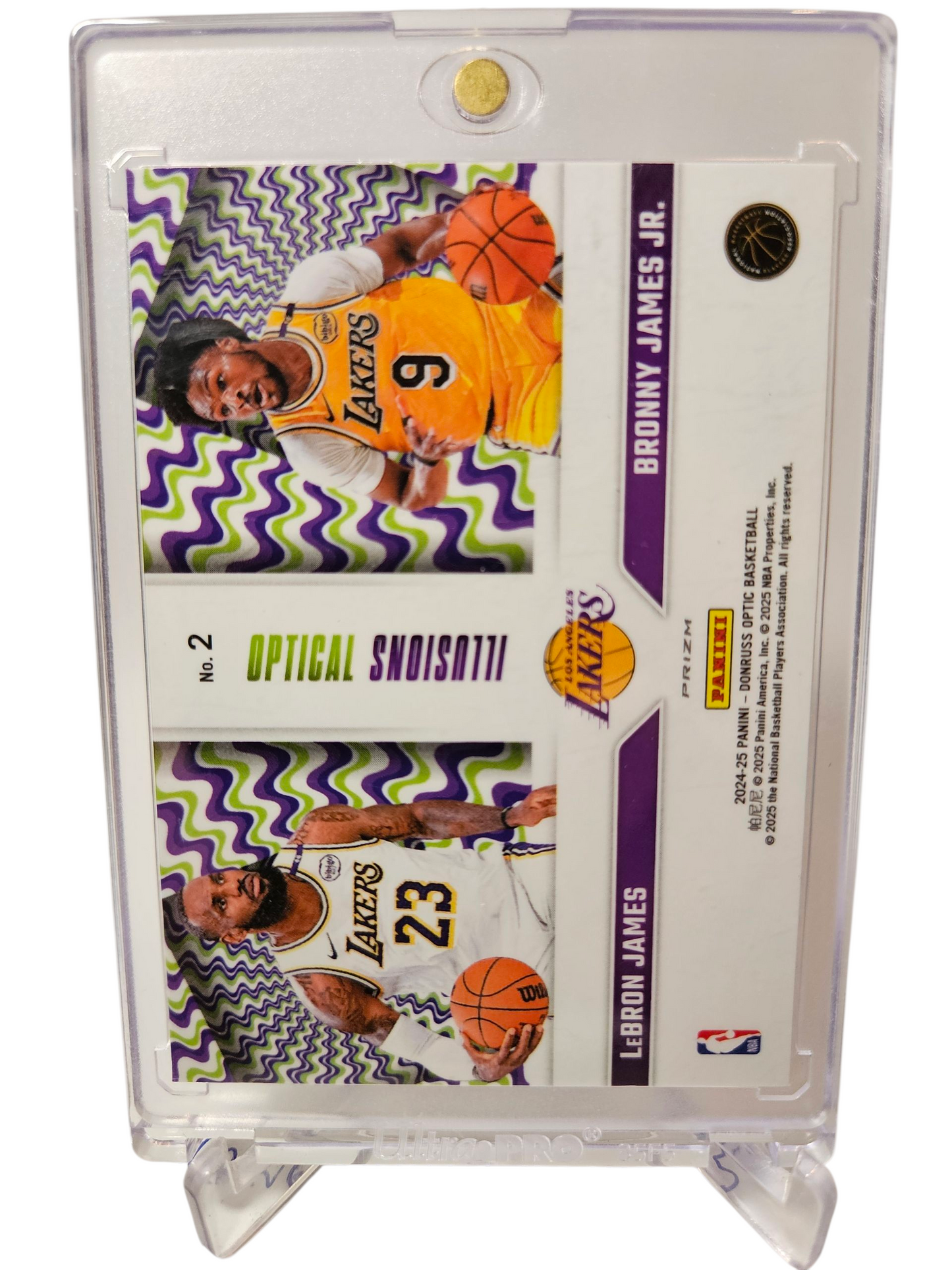 2024-25 Panini Donruss Optic #2 Lebron James/Bronny James Optical Illusions Purple Holo Prizm