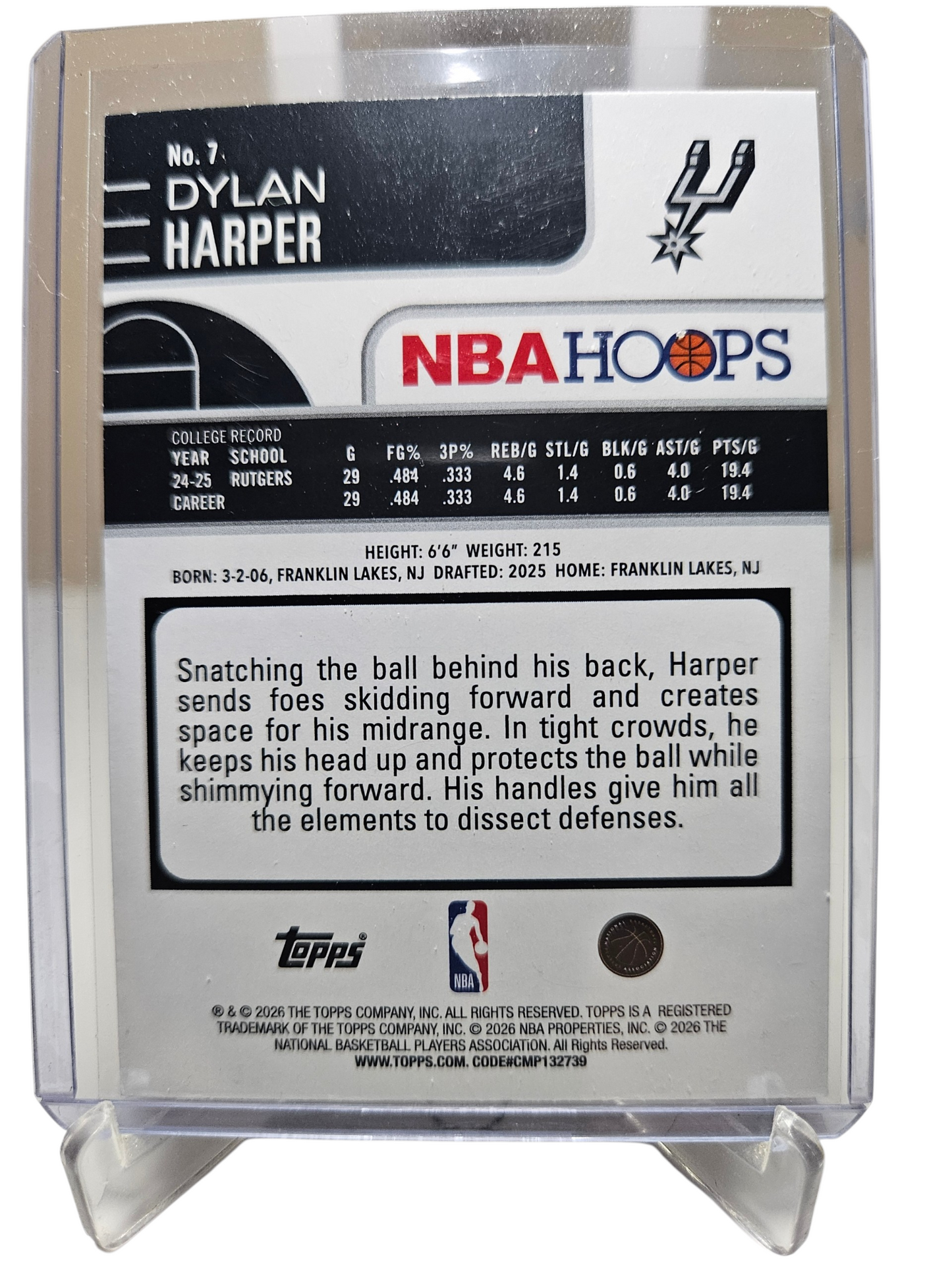 2025-26 Topps Hoops #7 Dylan Harper Rookie Card Rainbow Foil