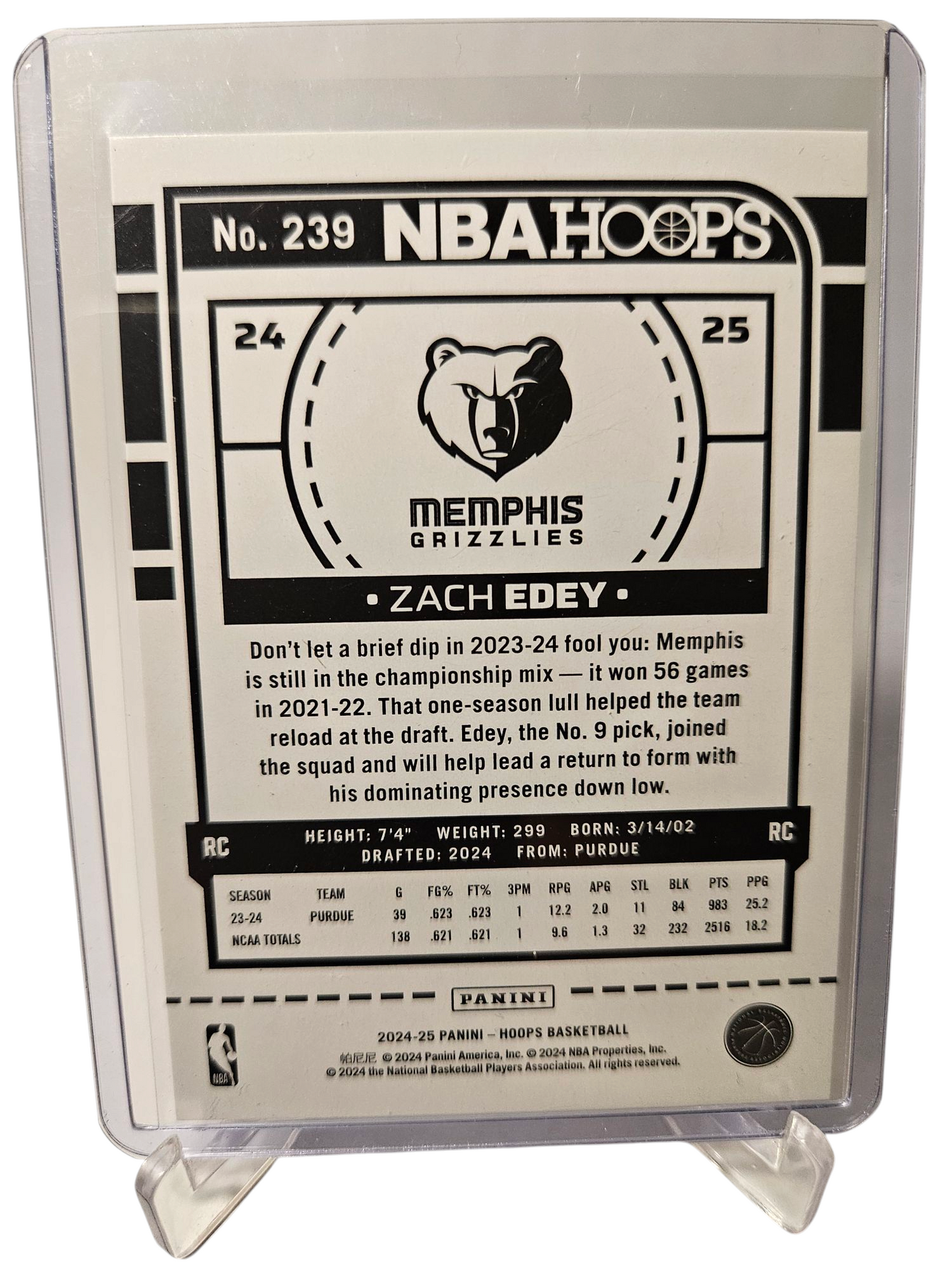 2024-25 Panini Hoops #239 Zach Edey Rookie Card Silver Holo 142/199