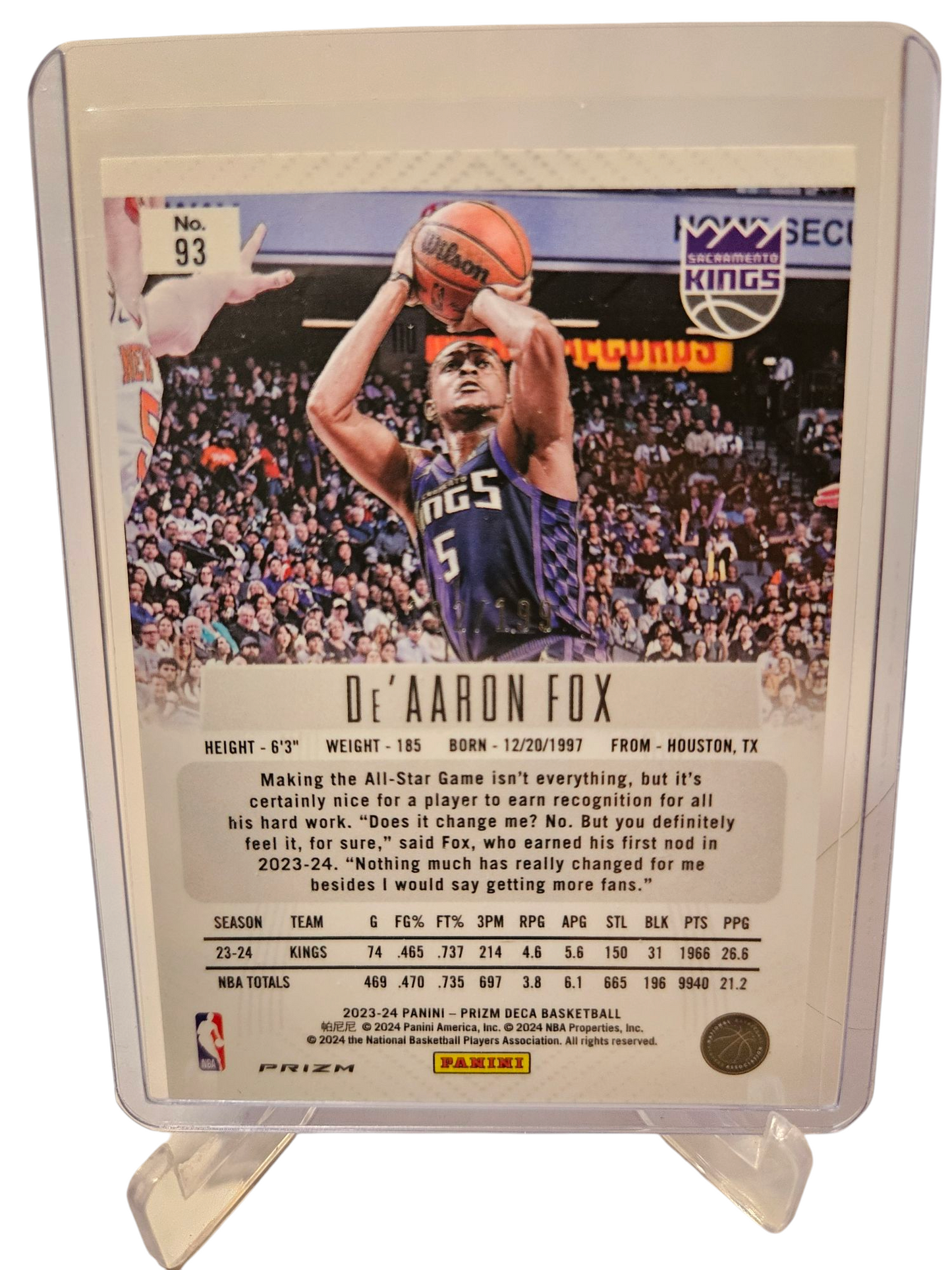 2023-24 Panini Prizm Deca #93 De'Aaron Fox Red Prizm 192/199