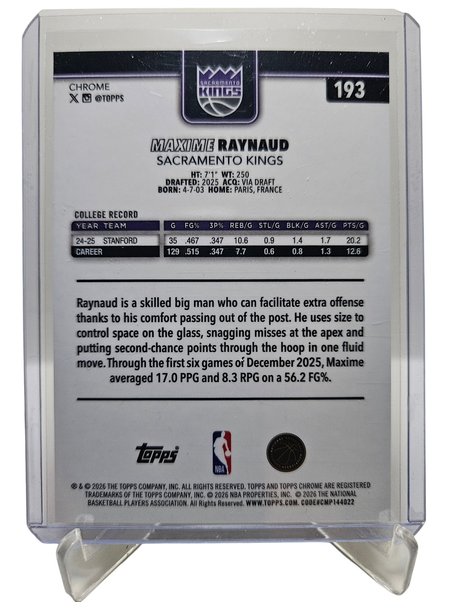 2025-26 Topps Chrome #193 Maxime Raynaud Rookie Card Basketball Refractor 07/25