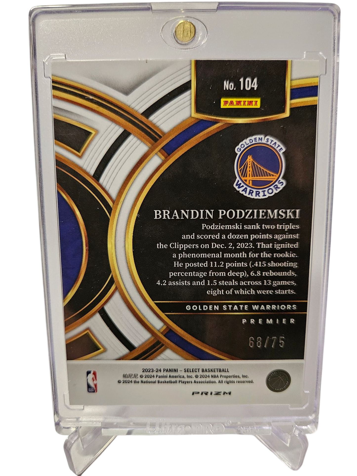 2023-24 Panini Select #104 Brandin Podziemski Rookie Card Premier Level White Fastbreak Prizm 68/75