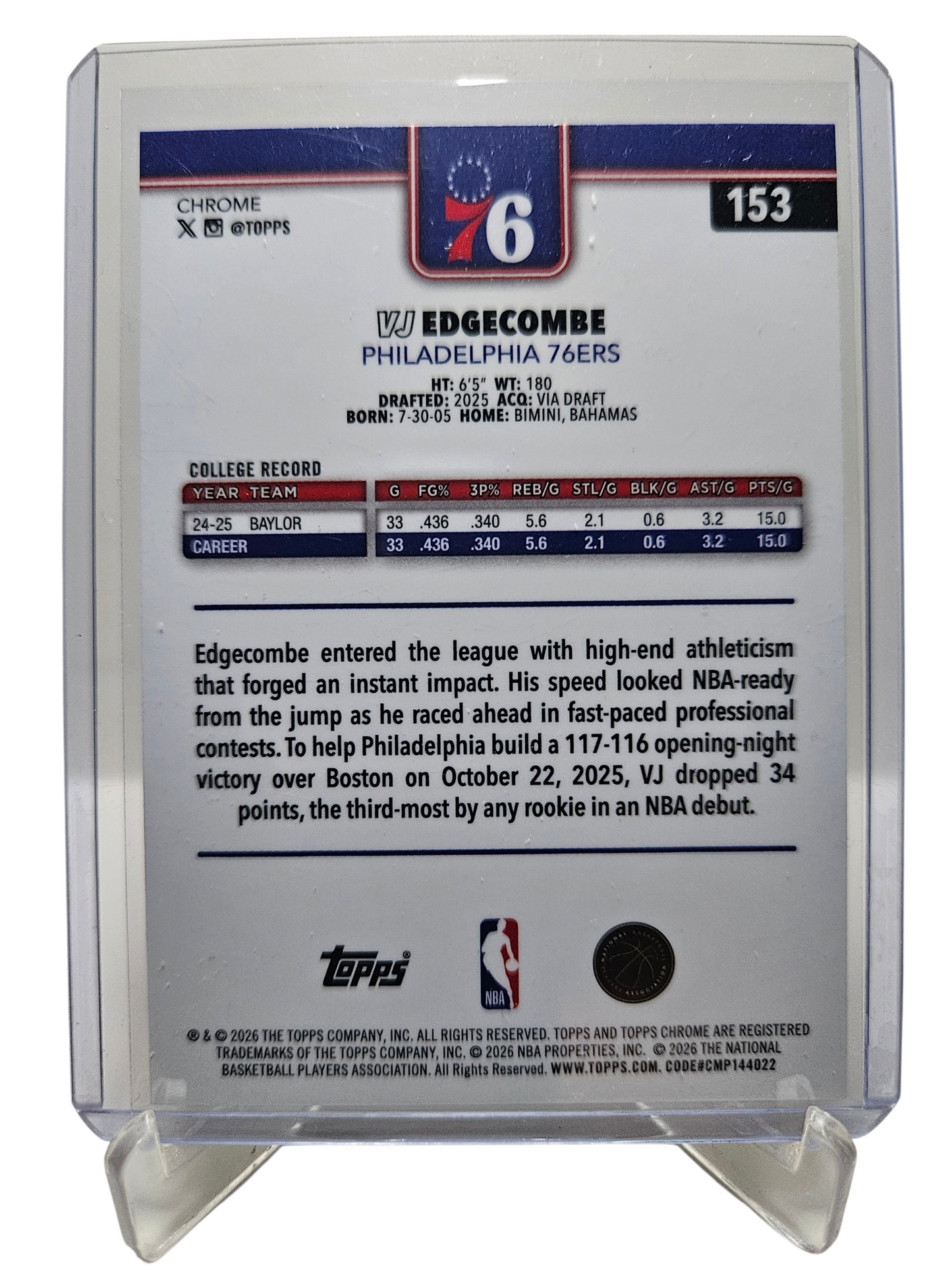 2025-26 Topps Chrome #153 VJ Edgecombe Rookie Card