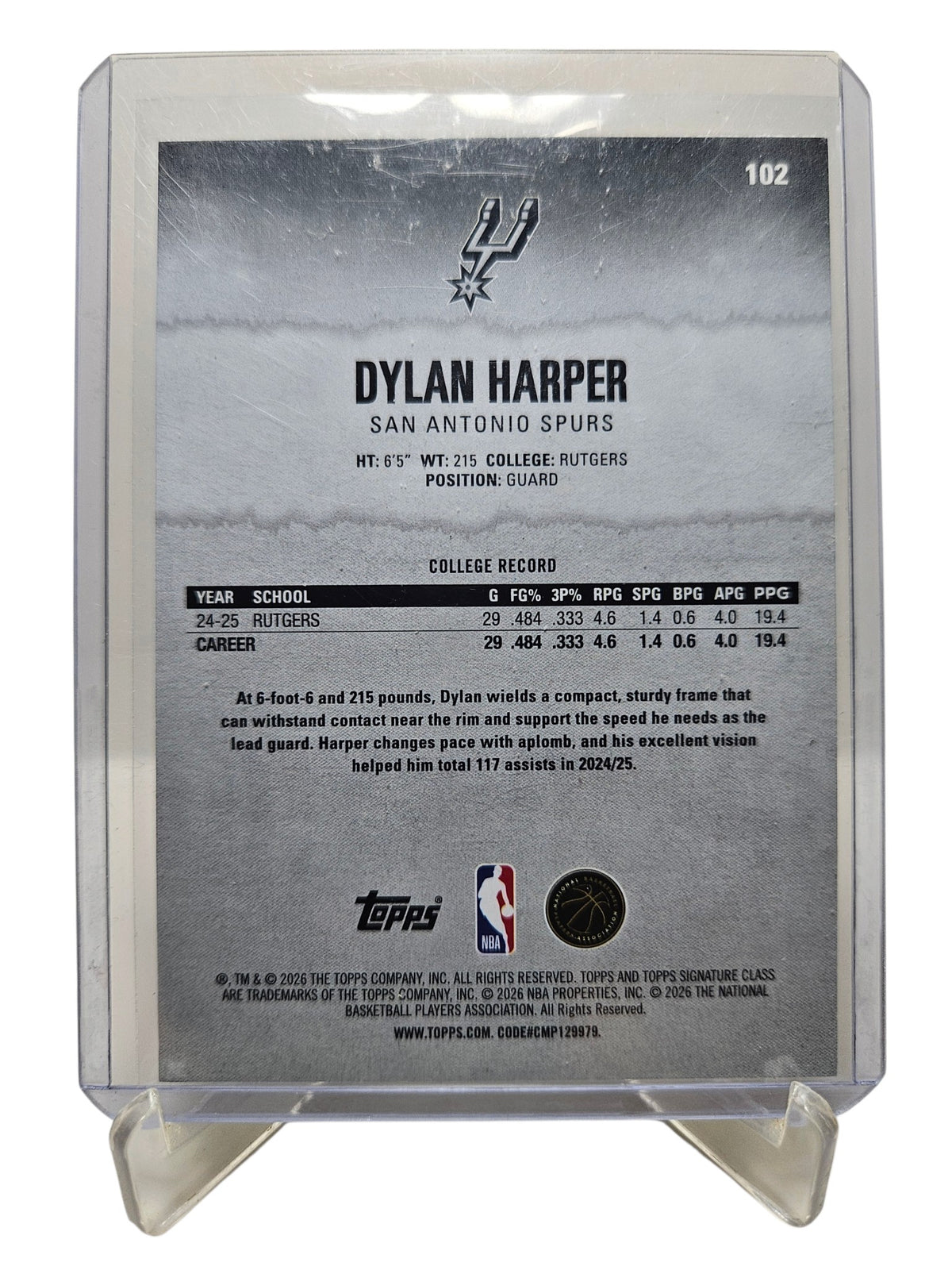 2025-26 Topps Signature Class #102 Dylan Harper Rookie Card Blue/Orange