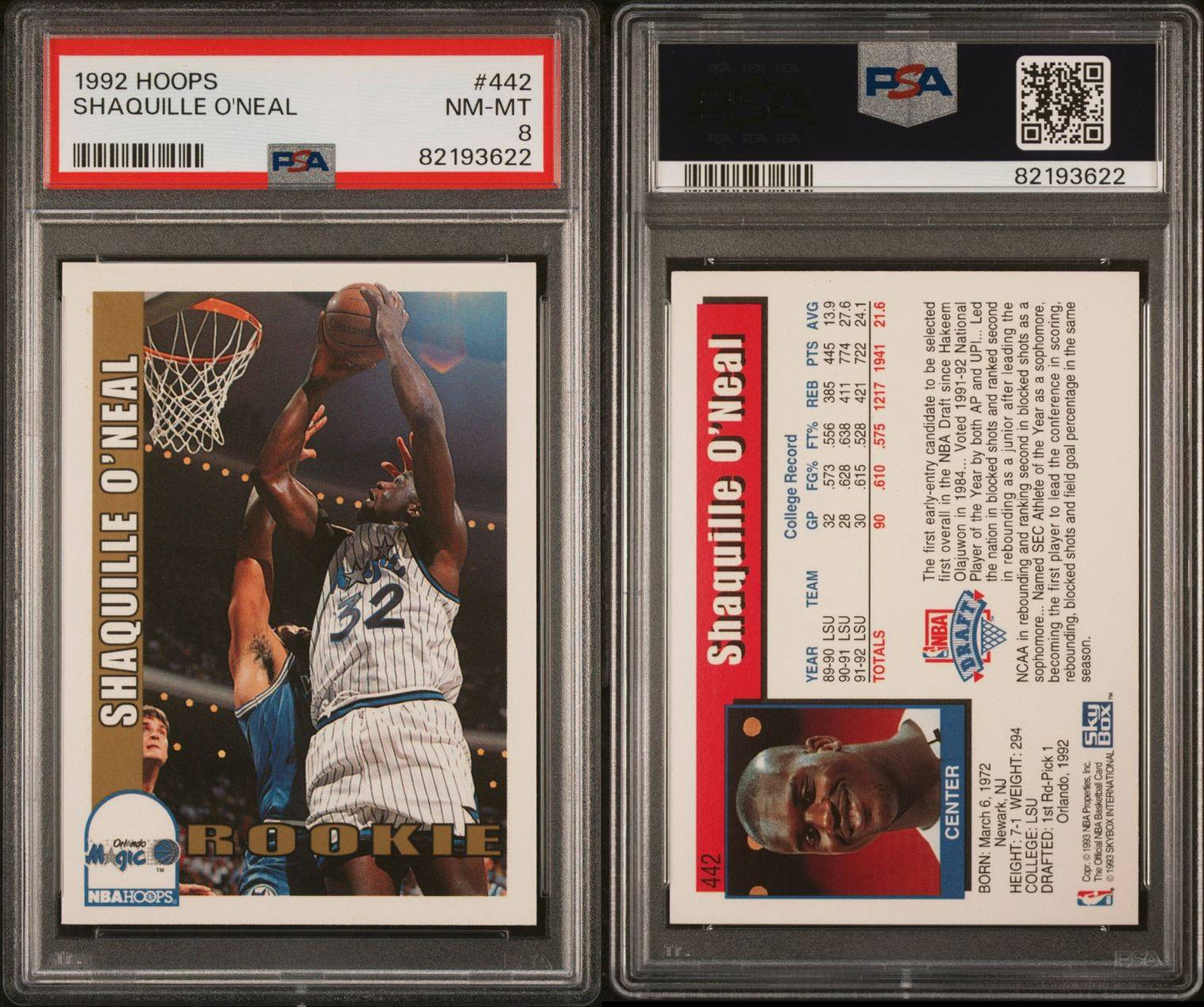 1992 Hoops #442 Shaquille O'Neal Rookie Card PSA 8 Near Mint