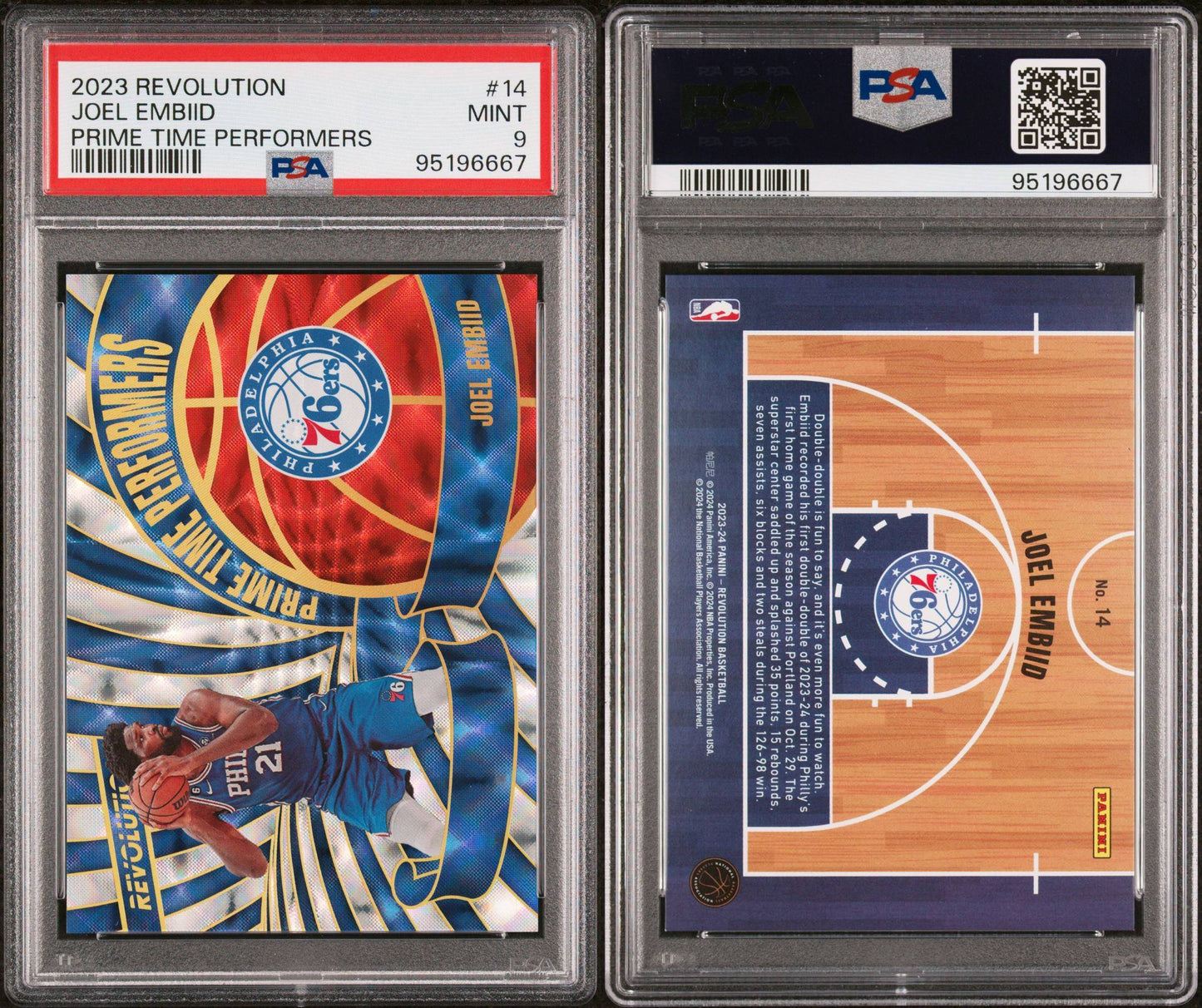 2023-24 Panini Revolution #14 Joel Embiid Prime Time Performers SSP Case Hit PSA9 Mint