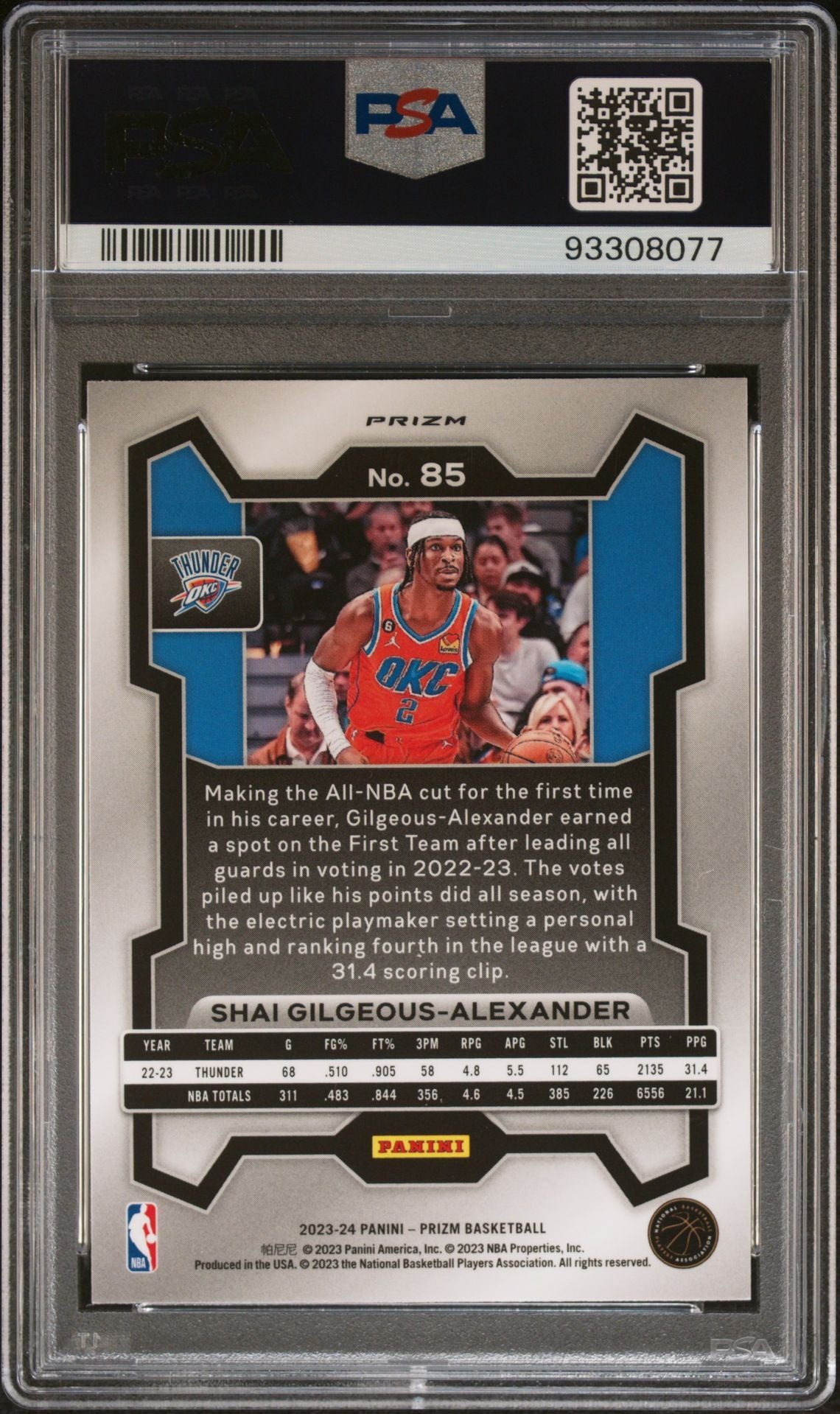 2023-24 Panini Prizm #85 Shai Gilgeous-Alexander Silver Hyper Prizm PSA9 Mint