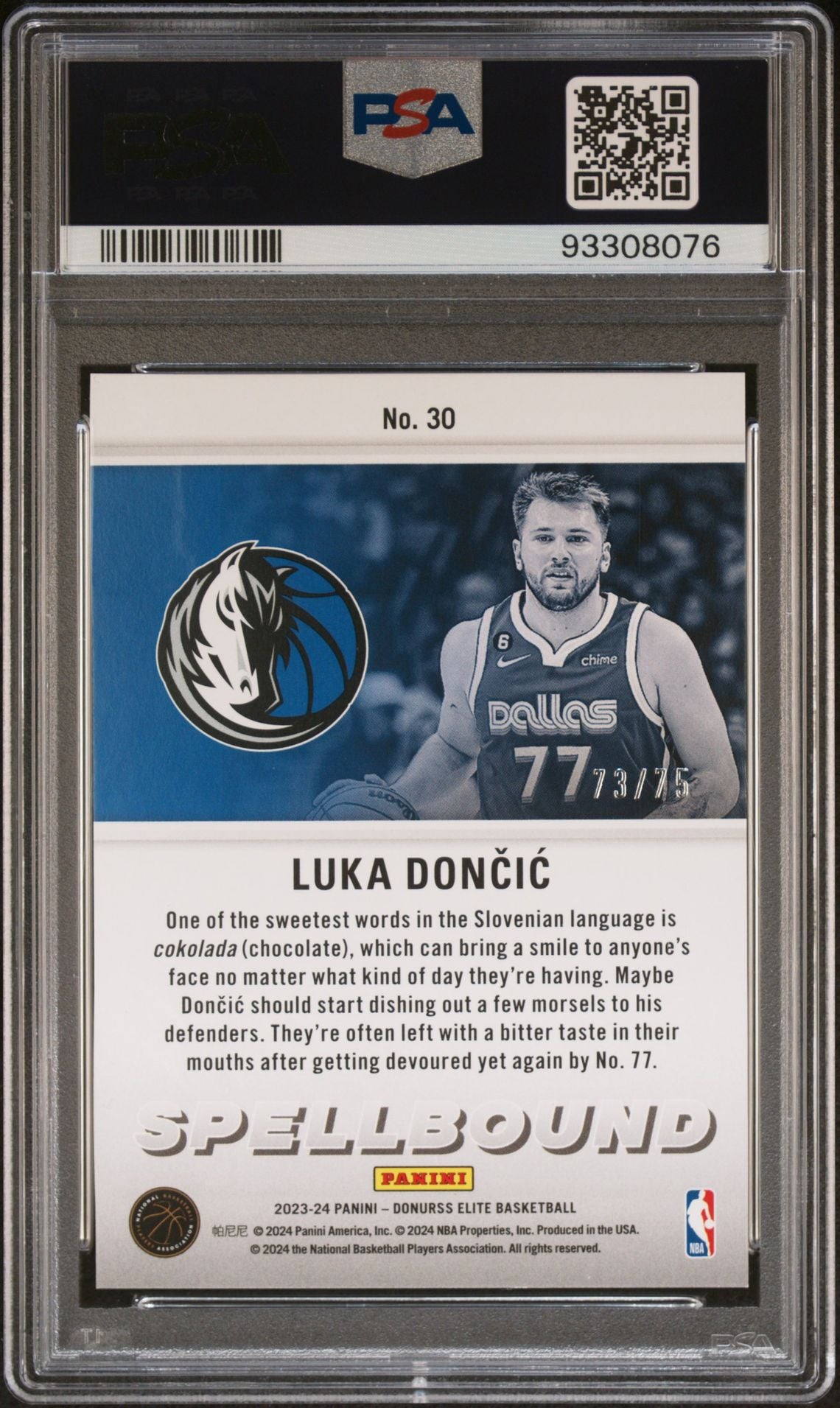 2023-24 Panini Donruss Elite #30 Luka Doncic Spellbound Green C 73/75 PSA10 Gem Mint