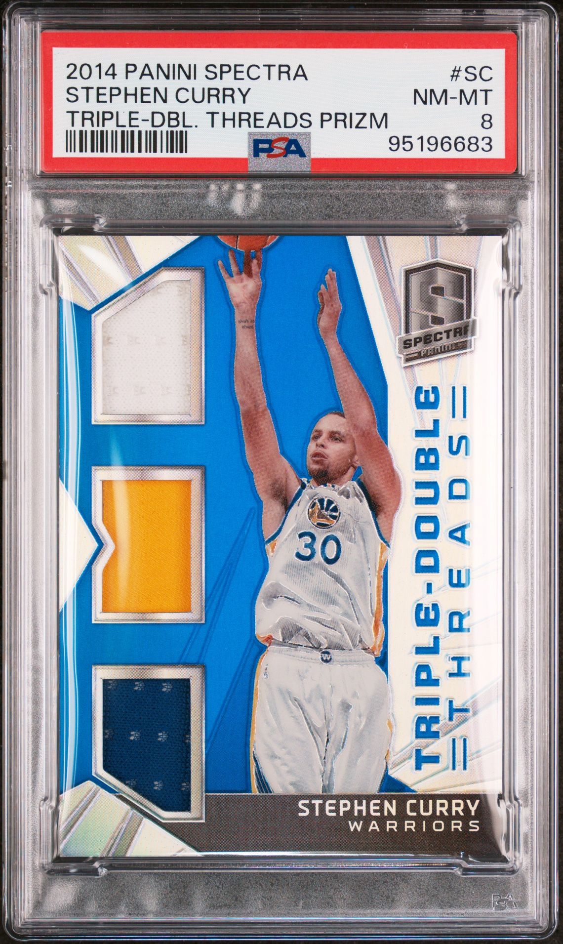 2014-15 Panini Spectra #TD-SC Stephen Curry Triple-Double Threads Triple Game Worn Patches 27/49 PSA8 NM-MT