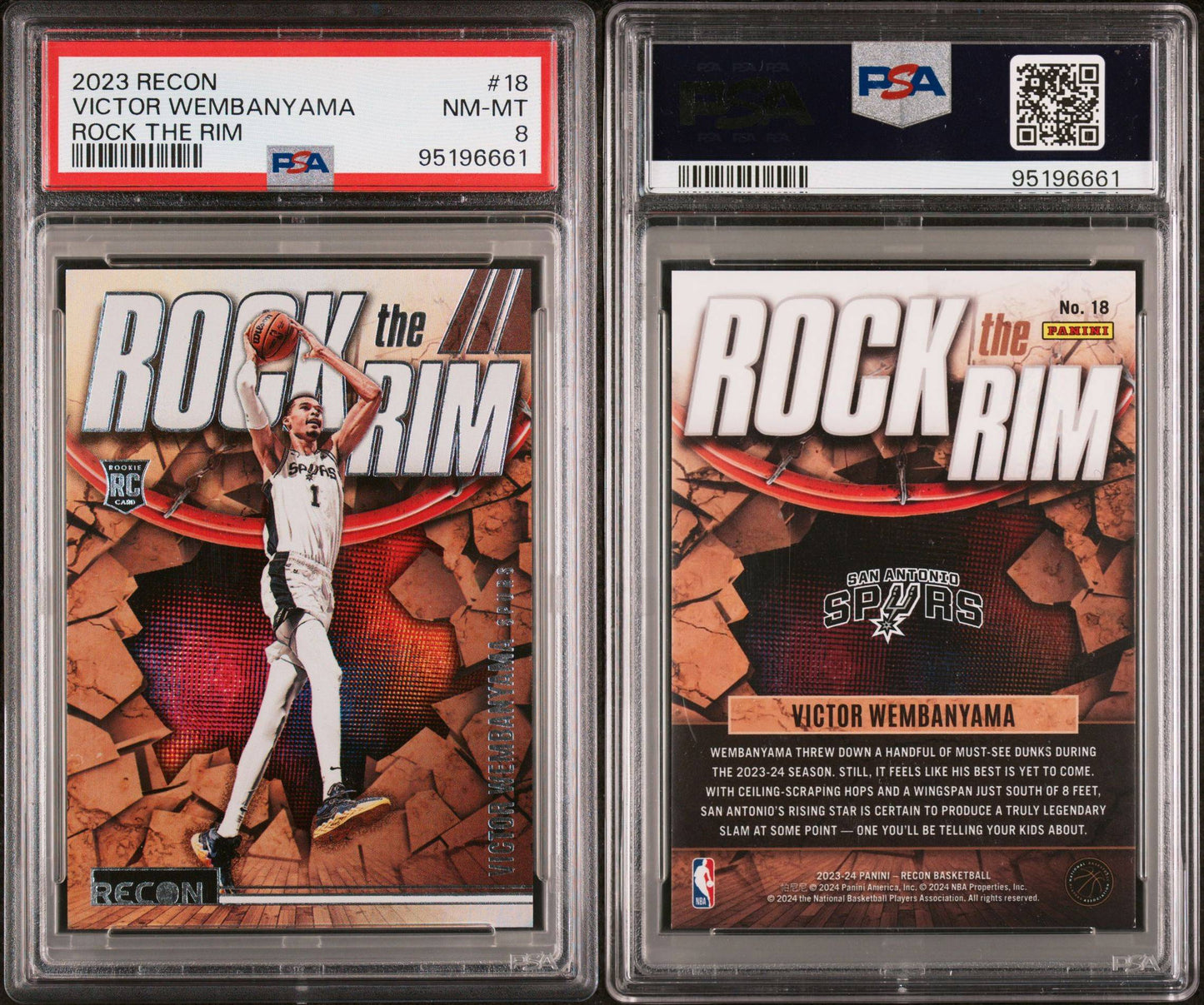 2023-24 Panini Recon #18 Victor Wembanyama Rock The Rim Holo PSA8 NM-MT