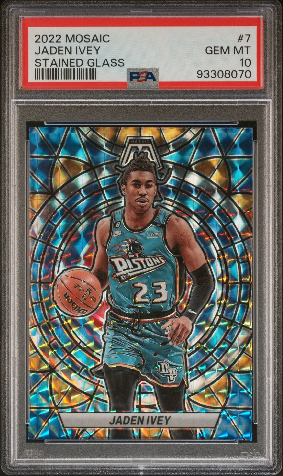 2022-23 Panini Mosaic #7 Jaden Ivey Rookie Card Stained Glass Case Hit SP PSA10 Gem Mint