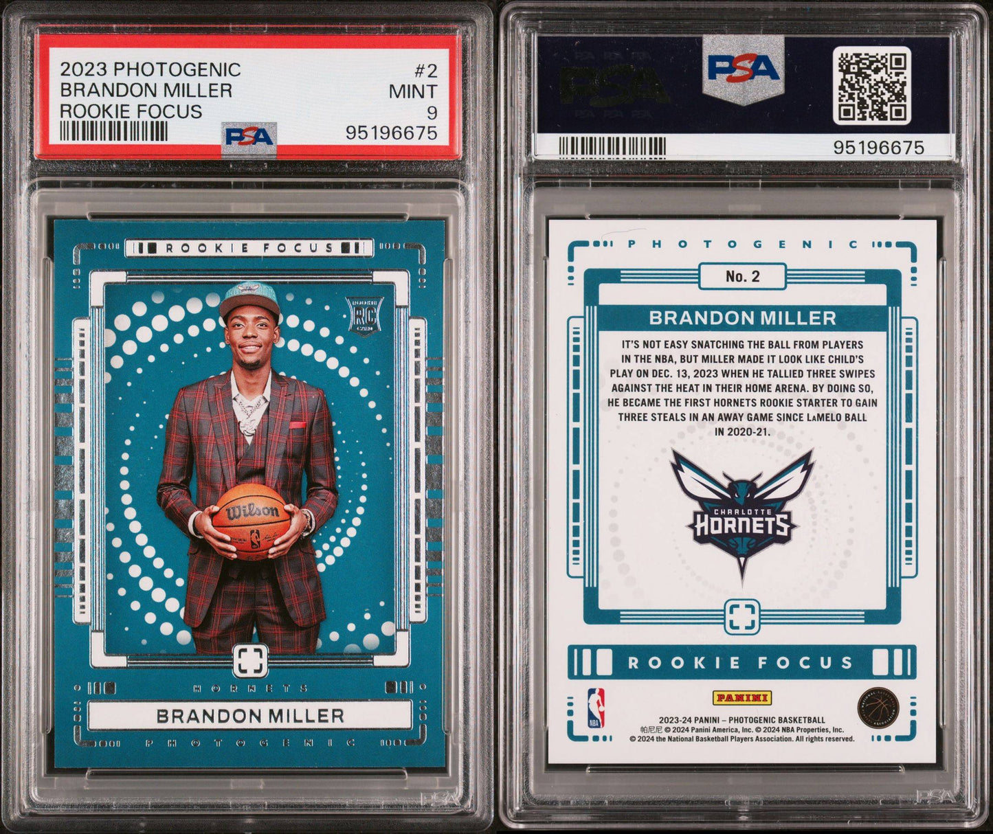 2023-24 Panini Photogenic #2 Brandon Miller Rookie Focus PSA9 Mint