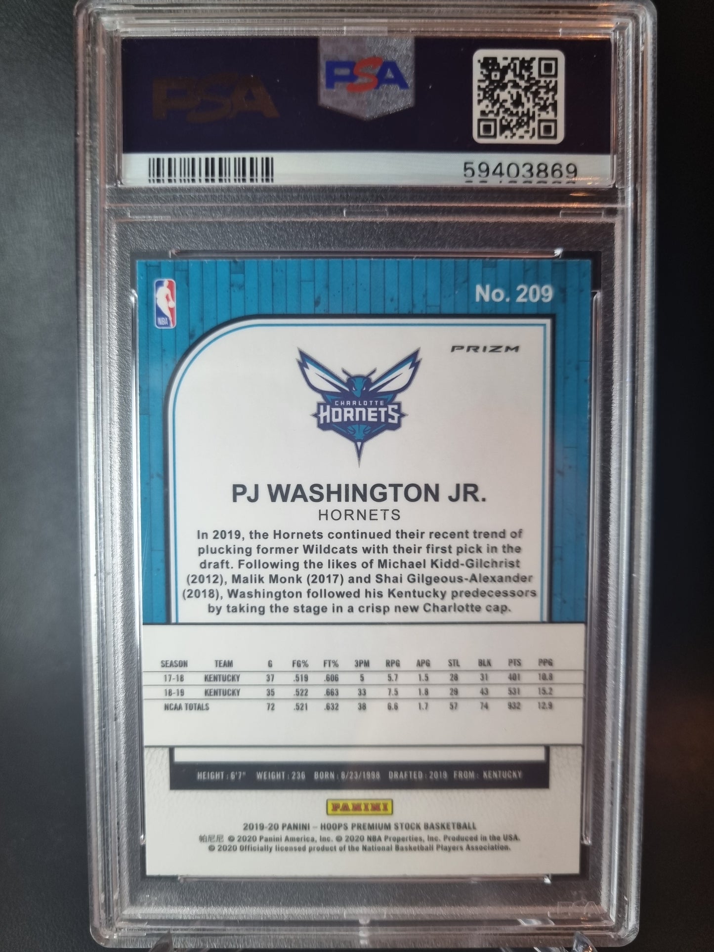 2019 Hoops Premium Stock #209 PJ Washington Junior Pulsar PSA 9 Mint