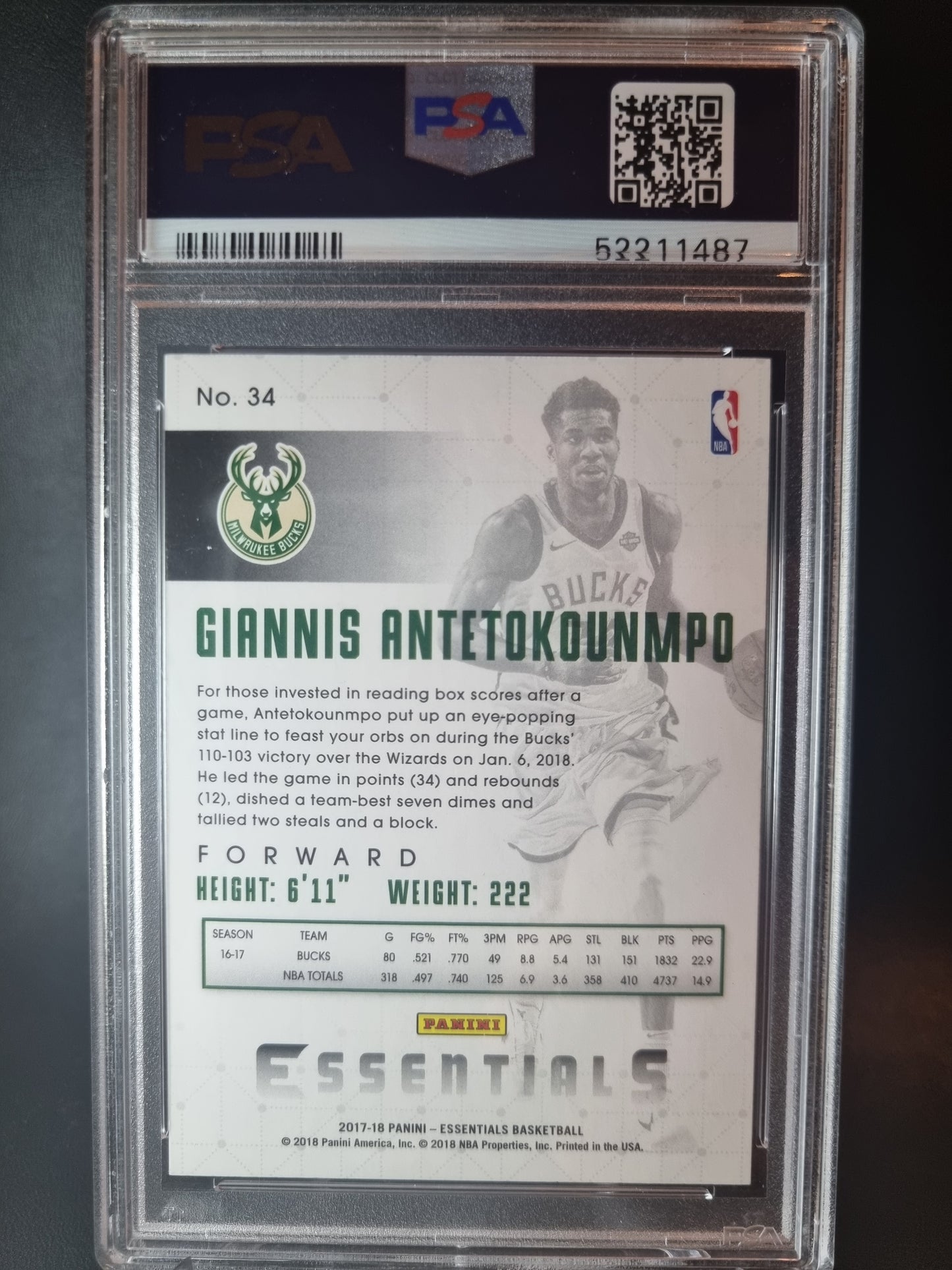 2017 Panini Essentials #34 Giannis Antetokounmpo PSA 9 Mint