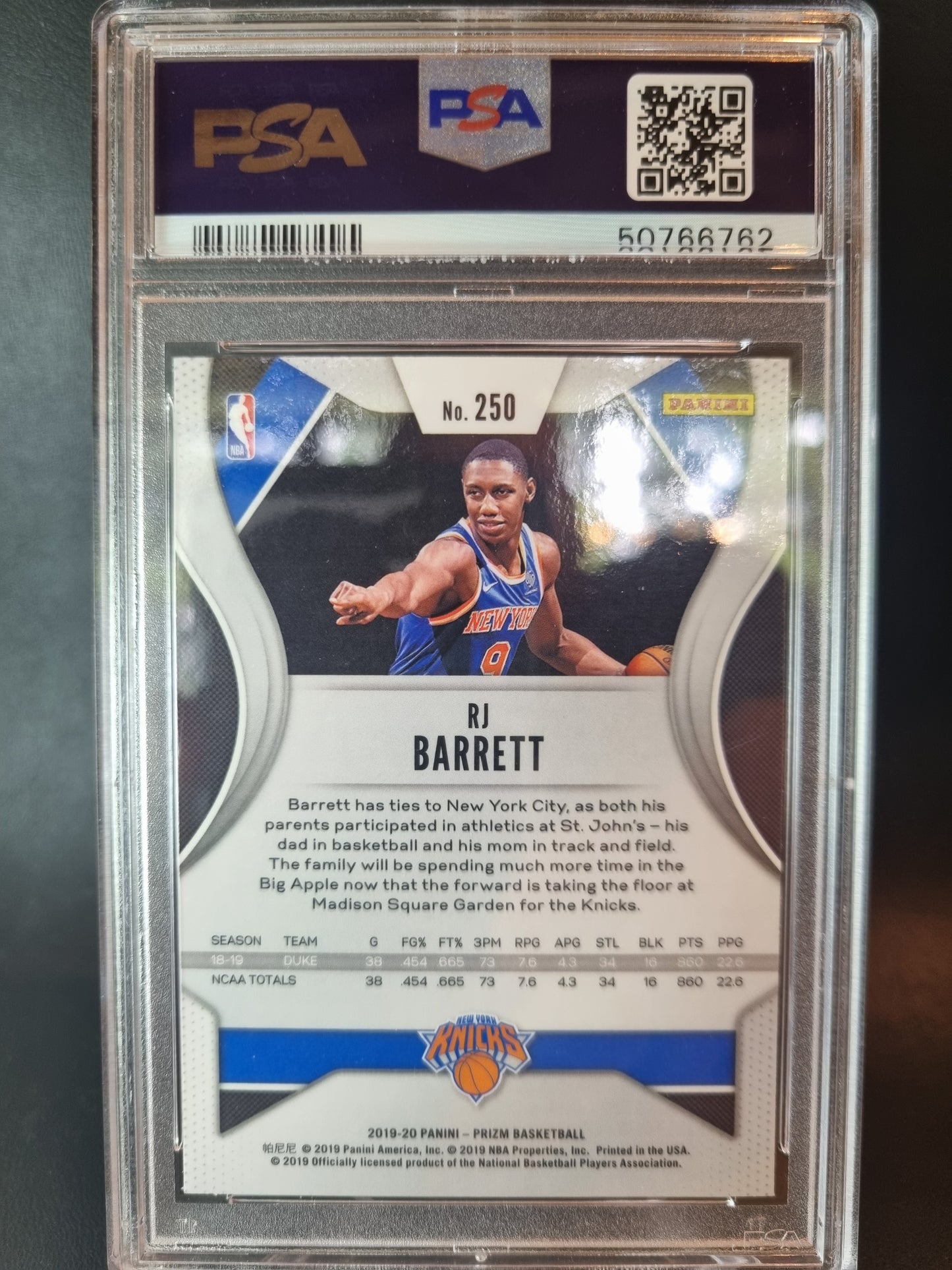 2019 Panini Prizm #250 RJ Barrett Rookie Card PSA 9 Mint