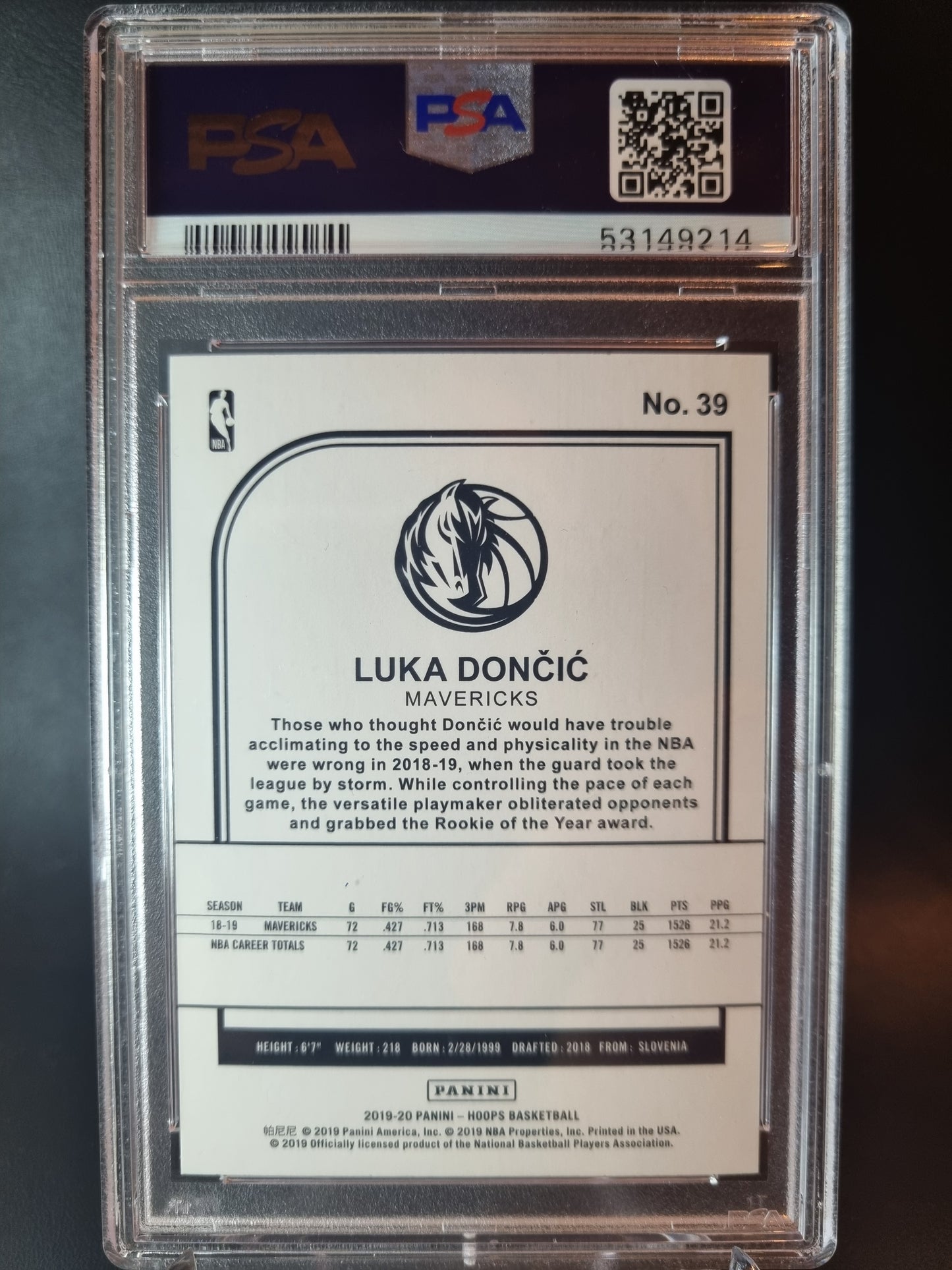 2019 Panini Hoops #39 Luka Doncic PSA 9 Mint