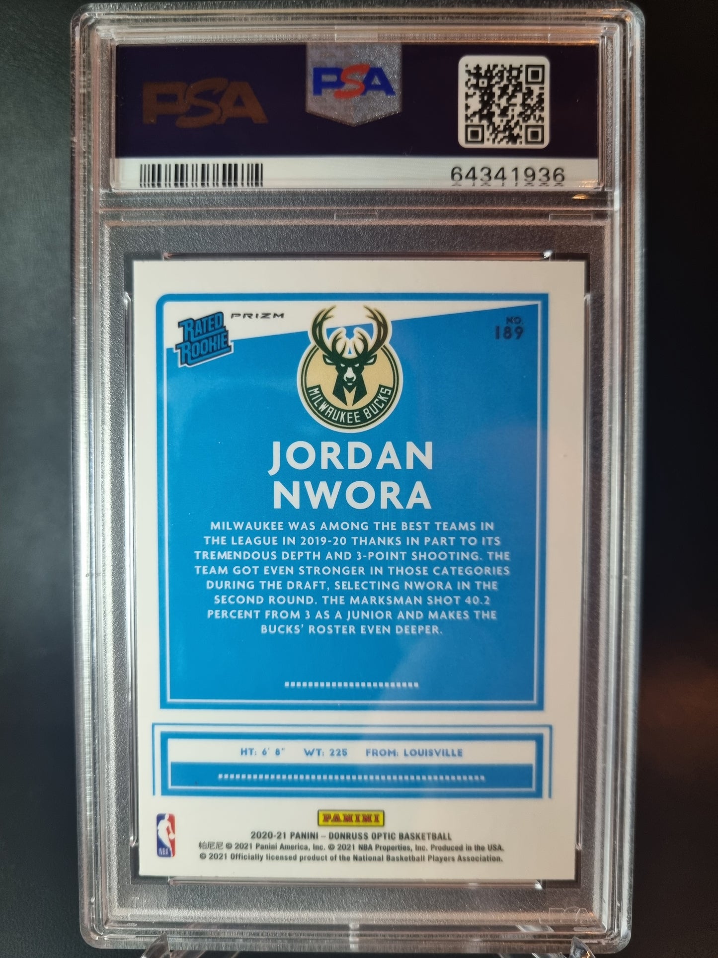 2020 Donruss Optic #189 Jordan Nwora Rookie Card Fast Break Holo PSA 9 Mint