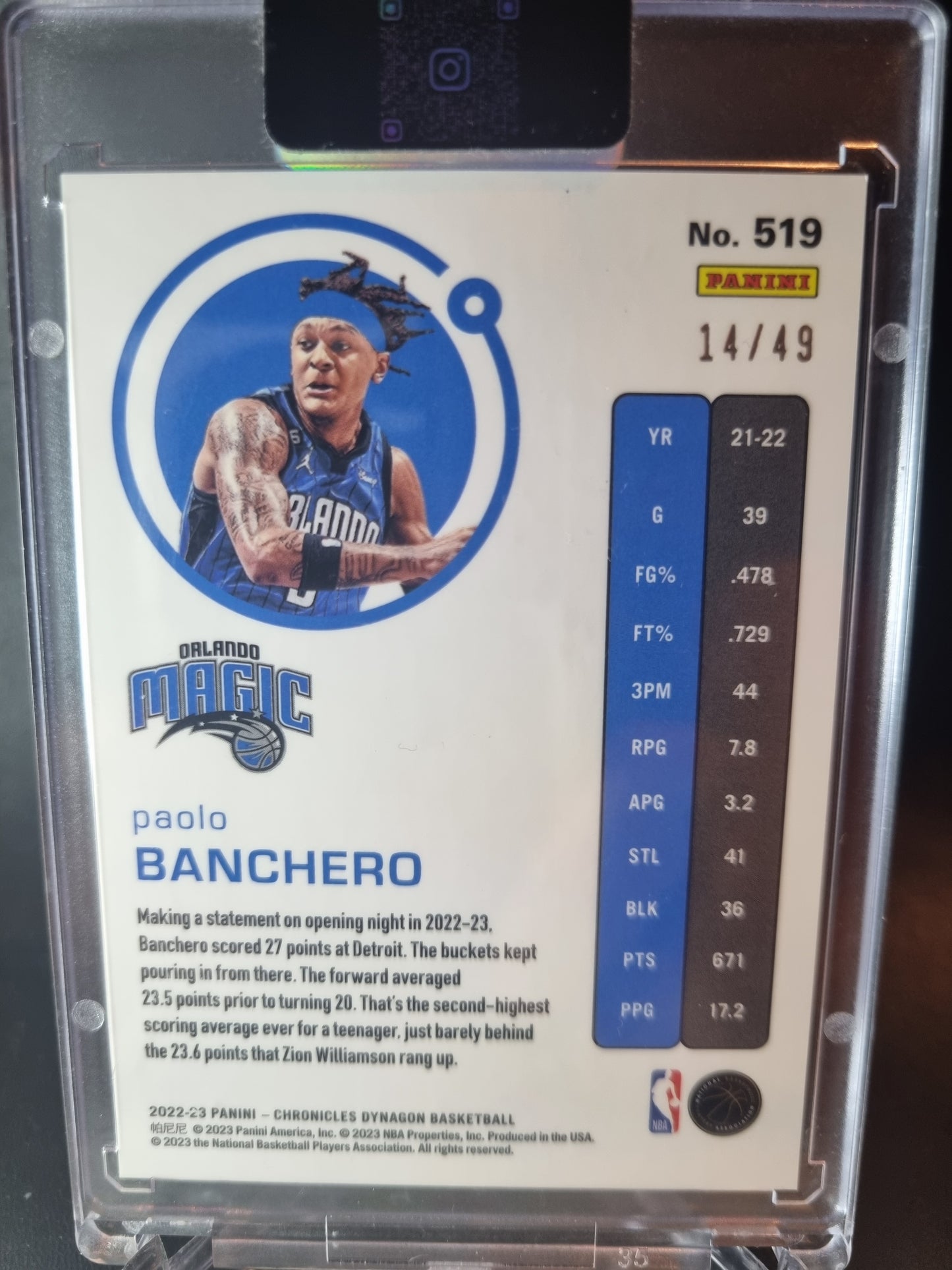 2022-23 Panini Chronicles Dynagon #519 Paolo Banchero Rookie Card 14/49