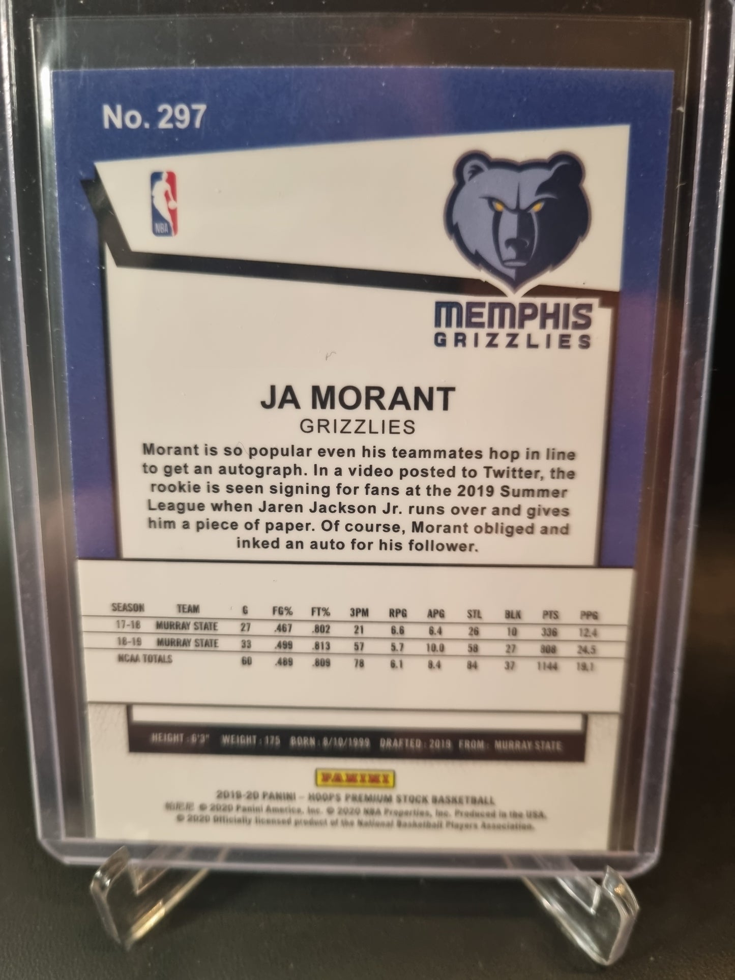 2019-20 Panini Hoops #297 JA Morant Rookie Card Tribute Premium Stock