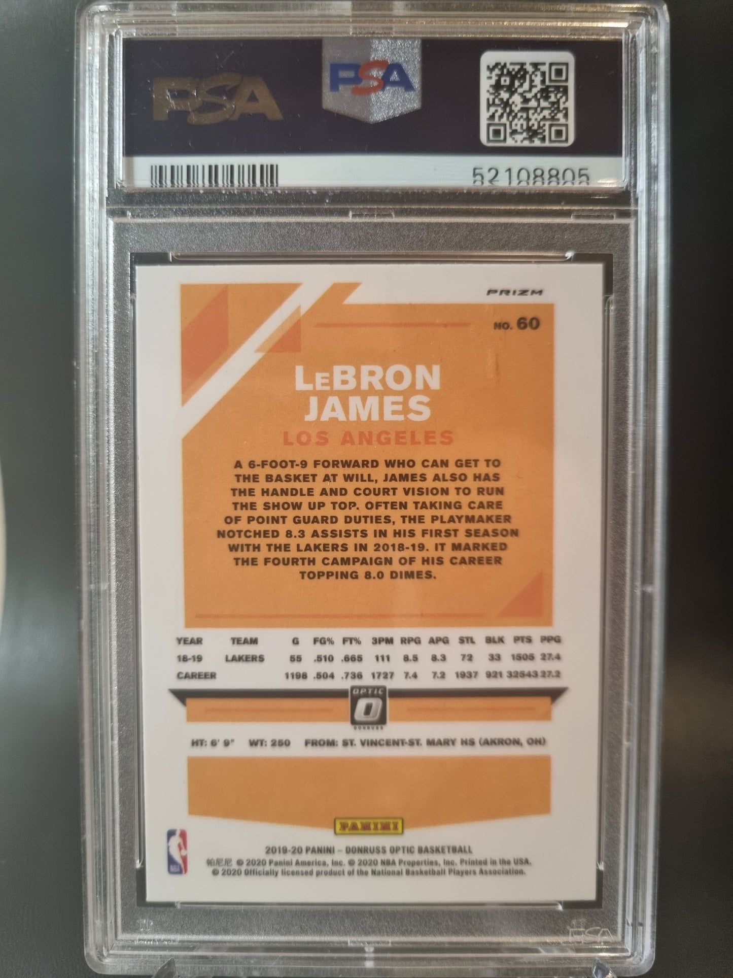 2019 Panini Donruss Optic #60 Lebron James Hyper Pink PSA 9 Mint