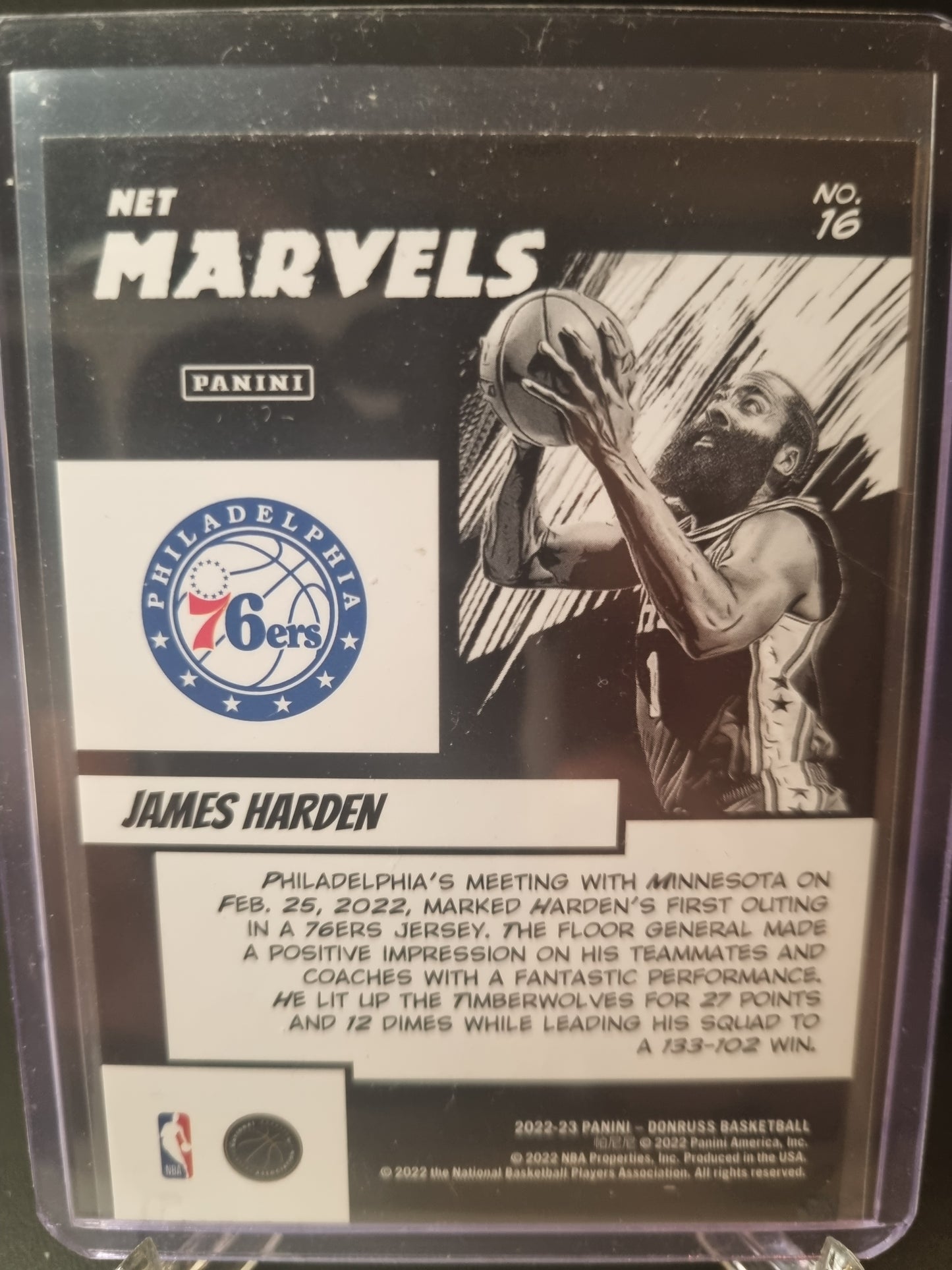 2022-23 Panini Donruss #16 James Harden Net Marvels Purple Press Proof