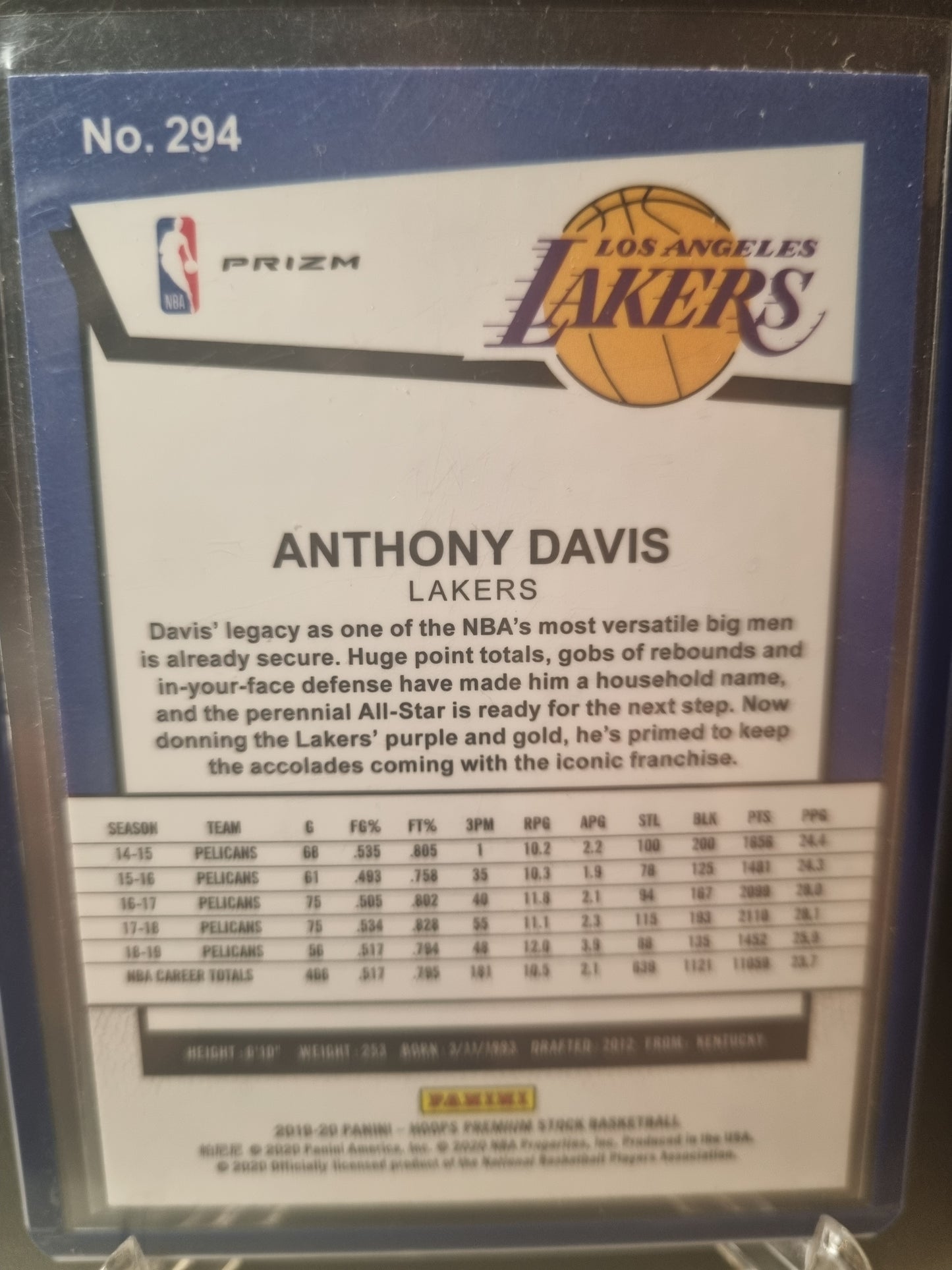 2019-20 Panini Hoops #294 Anthony Davis Premium Stock Tribute Laser Prizm