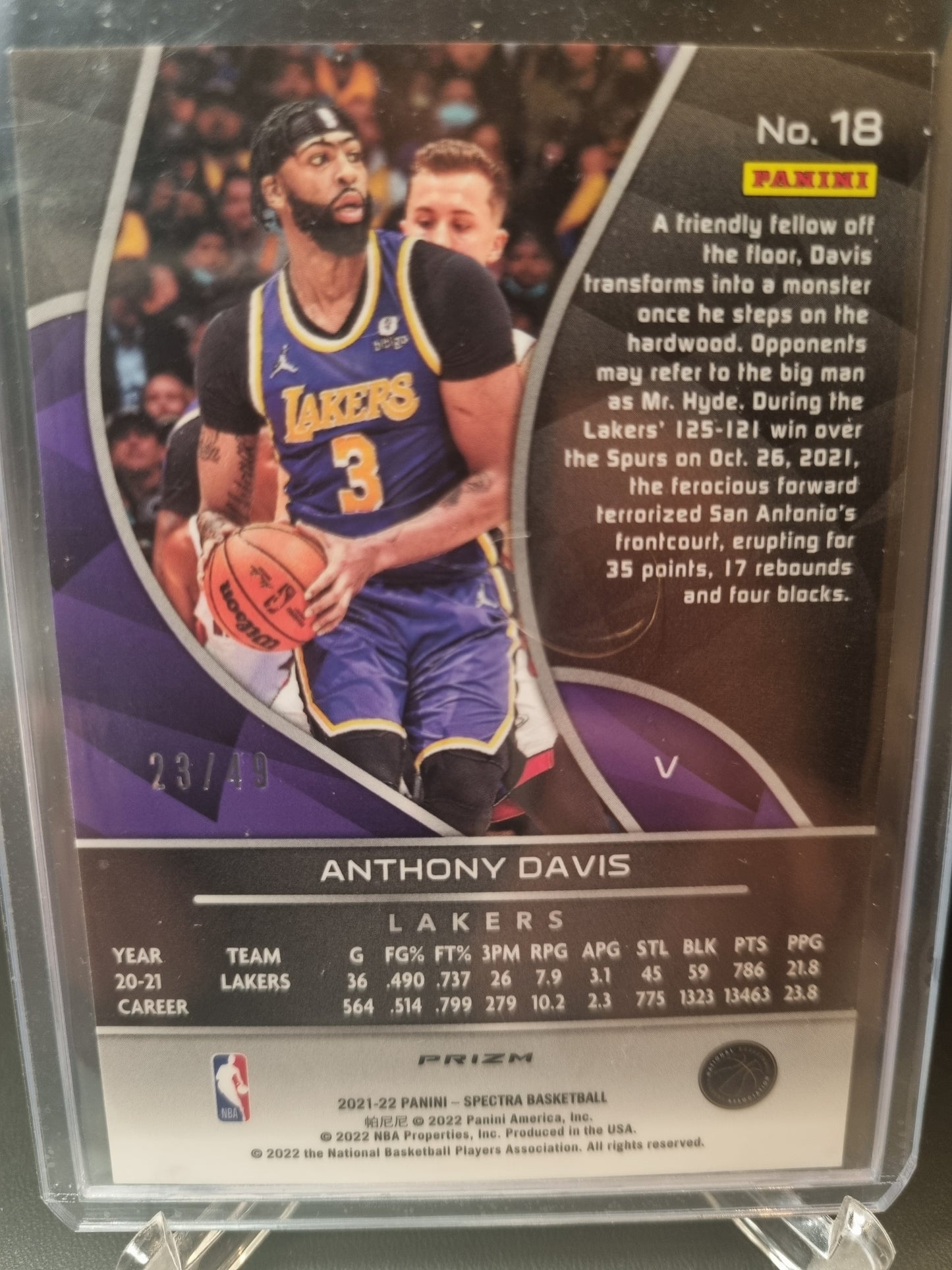 2021-22 Panini Spectra #18 Anthony Davis Blue Orange Prizm 23/49