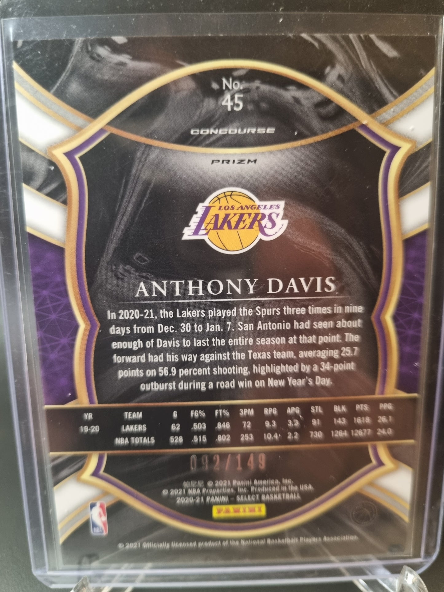 2020-21 Panini Select #45 Anthony Davis Concourse White Prizm 94/149